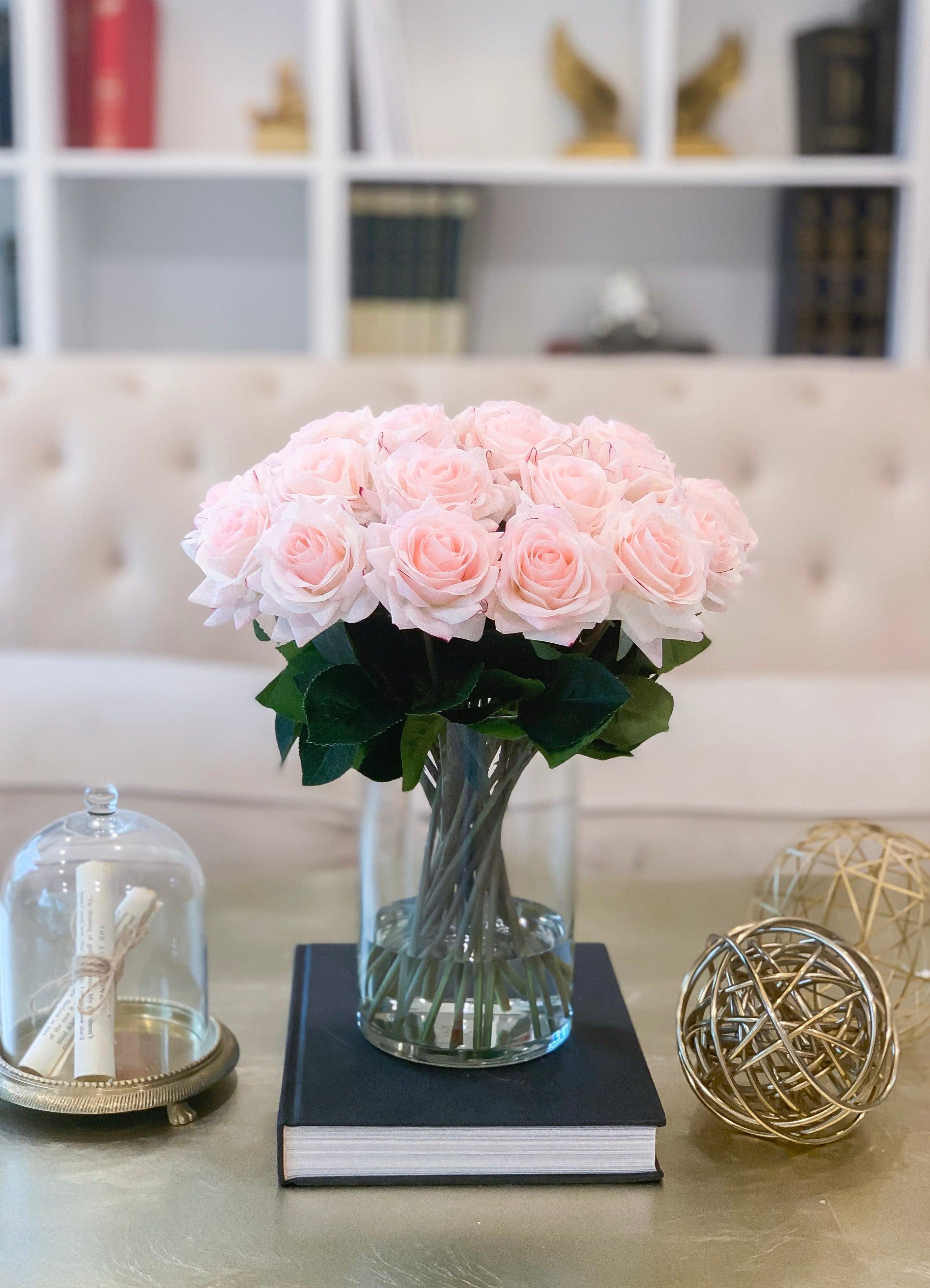 14" Large Size Blush White Rose Real Touch Arrangement-Roses Centerpieces-Floral Arrangement-Faux Rose Centerpiece-Artificial Roses - Flovery Main image