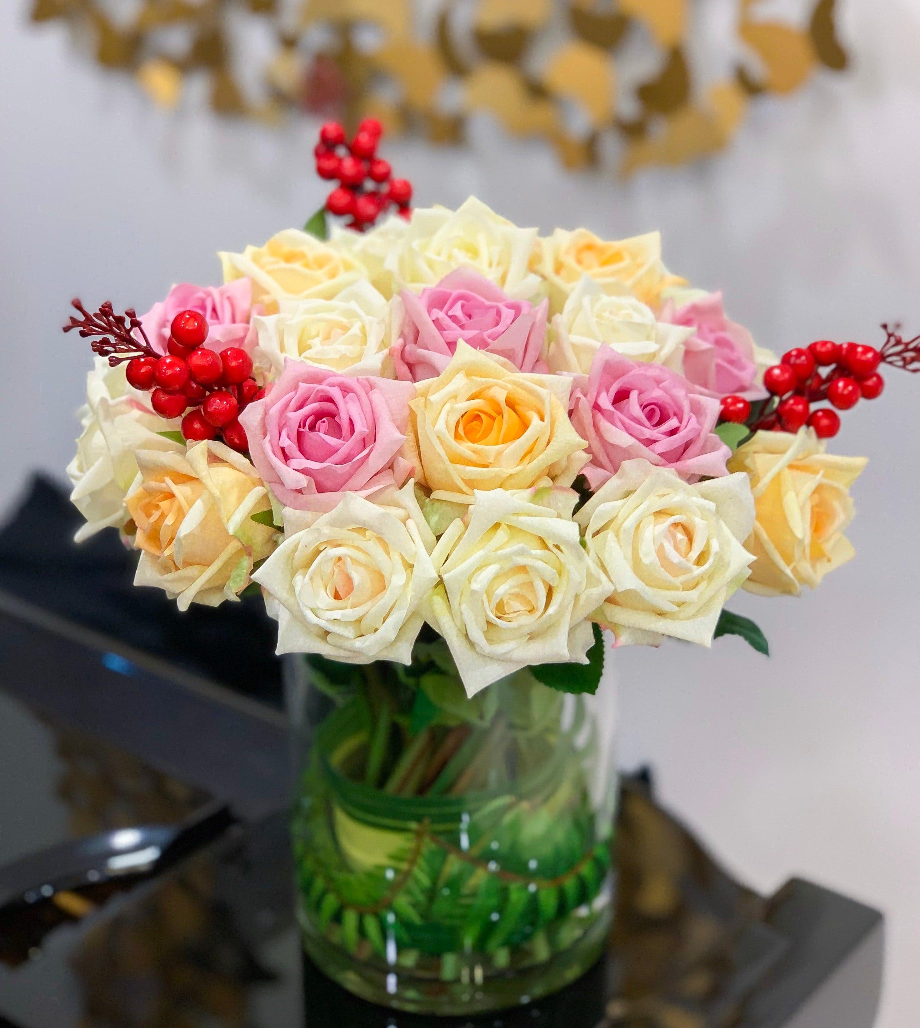 Real Touch Flowers Arrangement- White Cream, Purple Lavender Rose Arrangements- Flovery Everlasting Centerpiece - All Occasion-Home Decor - Flovery