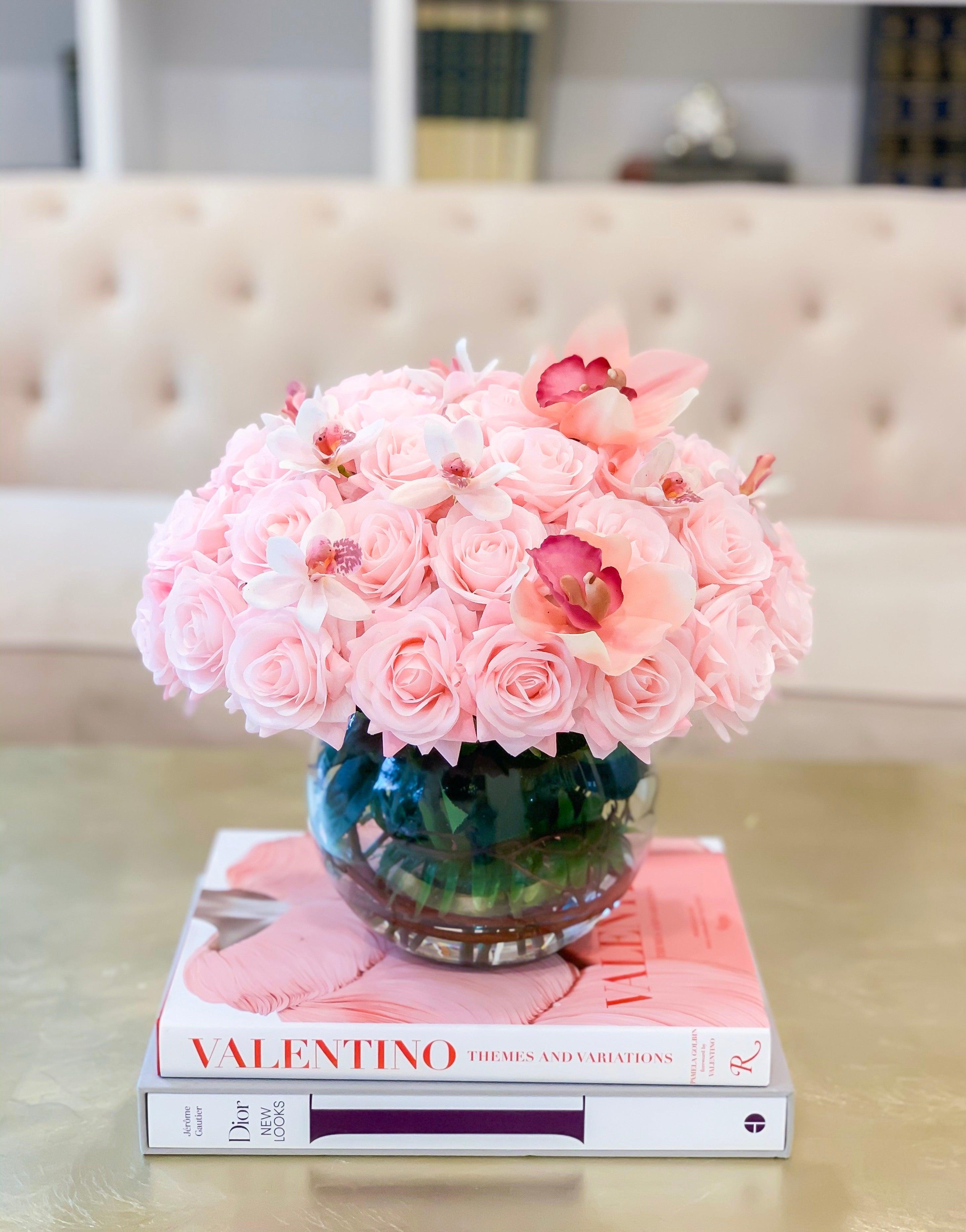 Real Touch Pink Roses-Real Touch Pink/White Orchids-Baby Pink/Pink/Blush Rose Flower Arrangement-Rose Faux Arrangement-Rose Centerpieces - Flovery Main image