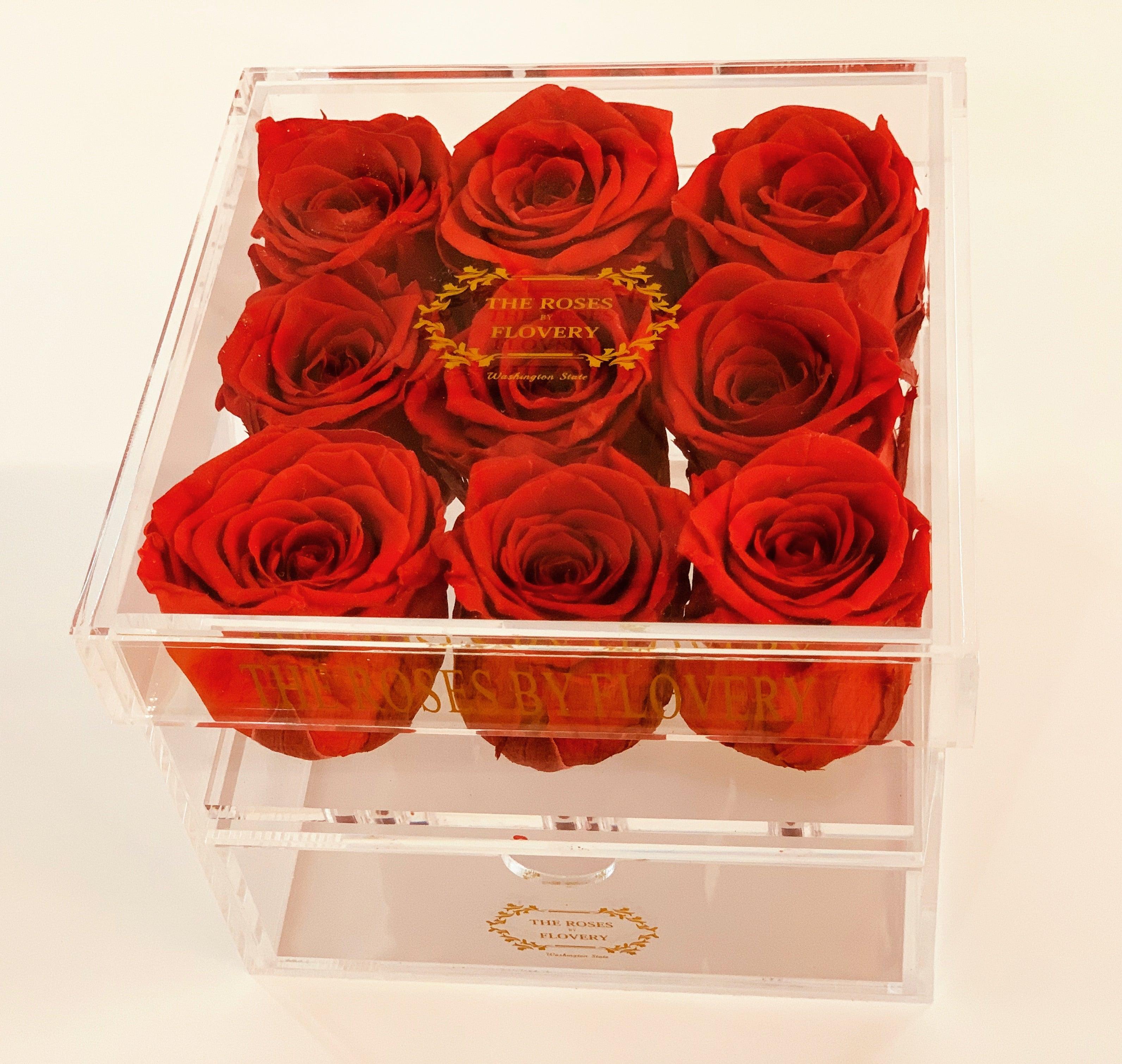9 PREMIUM ECUADOR PRESERVED RED ROSES ARRANGEMENT IN JEWELRY ACRYLIC BOX WITH DRAWER - Flovery Main image
