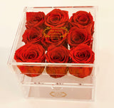 9 PREMIUM ECUADOR PRESERVED RED ROSES ARRANGEMENT IN JEWELRY ACRYLIC BOX WITH DRAWER - Flovery