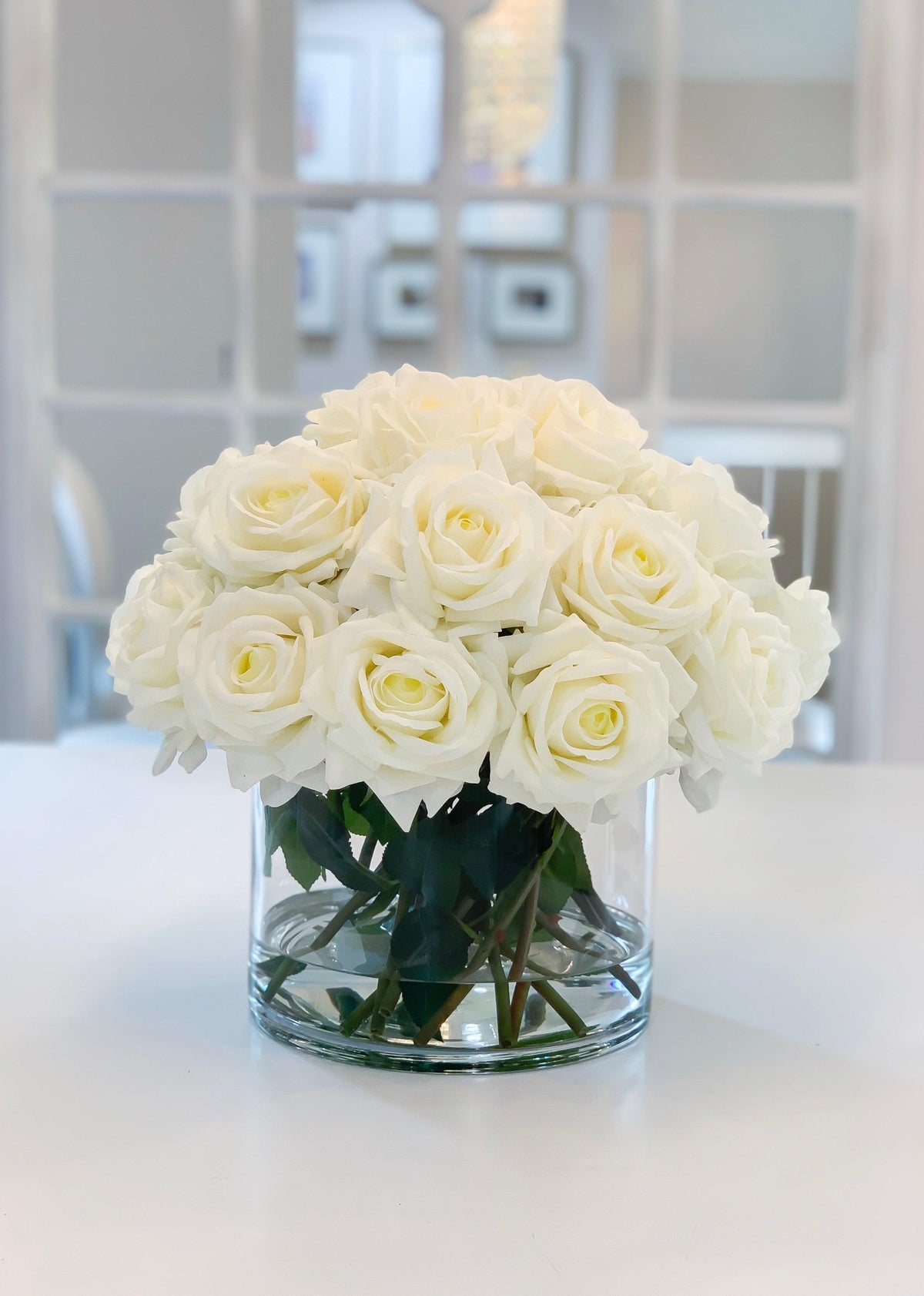 Large White Rose Real Touch Flower Arrangement In Glass Vase