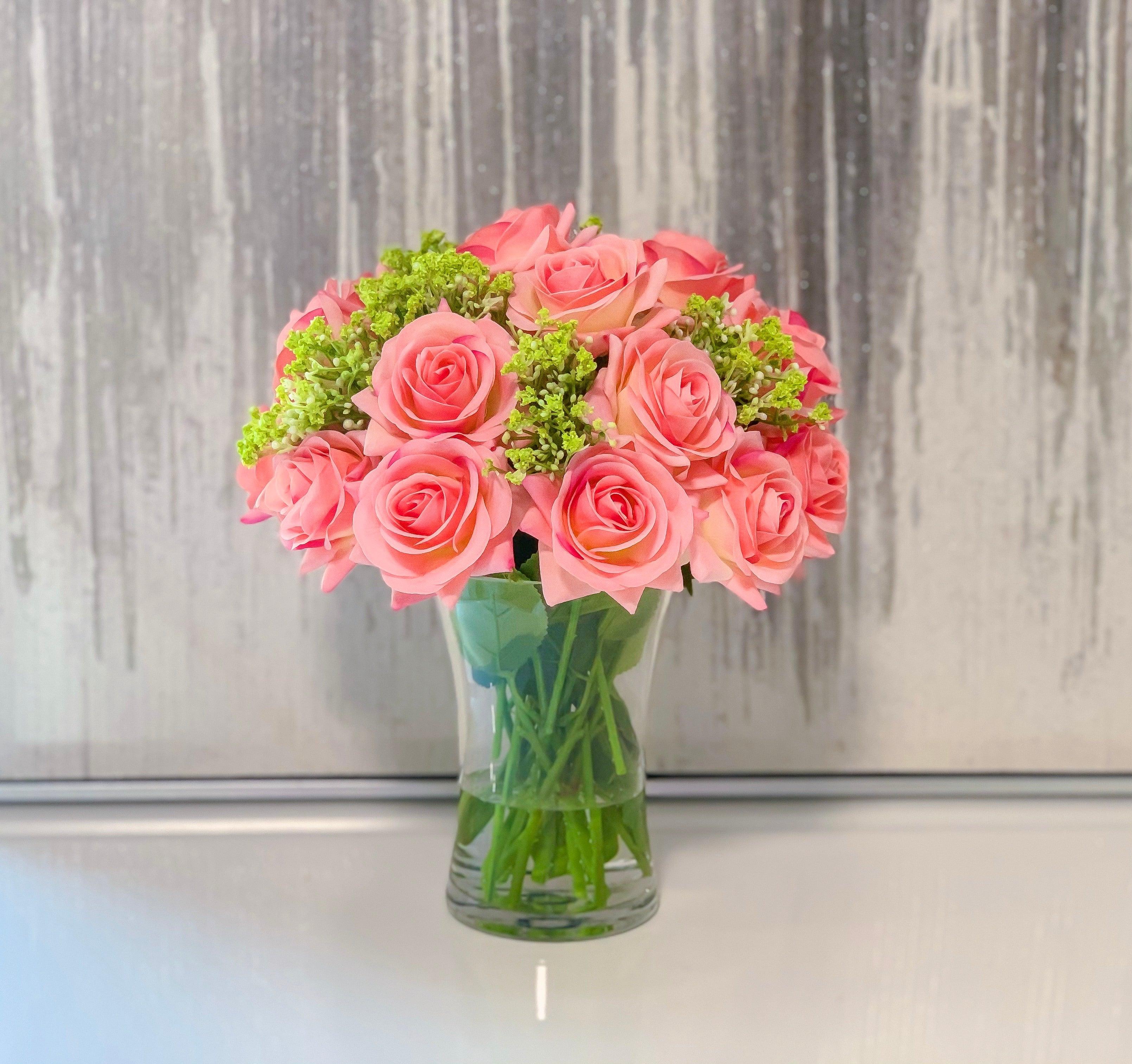 Real Touch Pink Peach Rose Mixed Green Tall Arrangement Secondary image