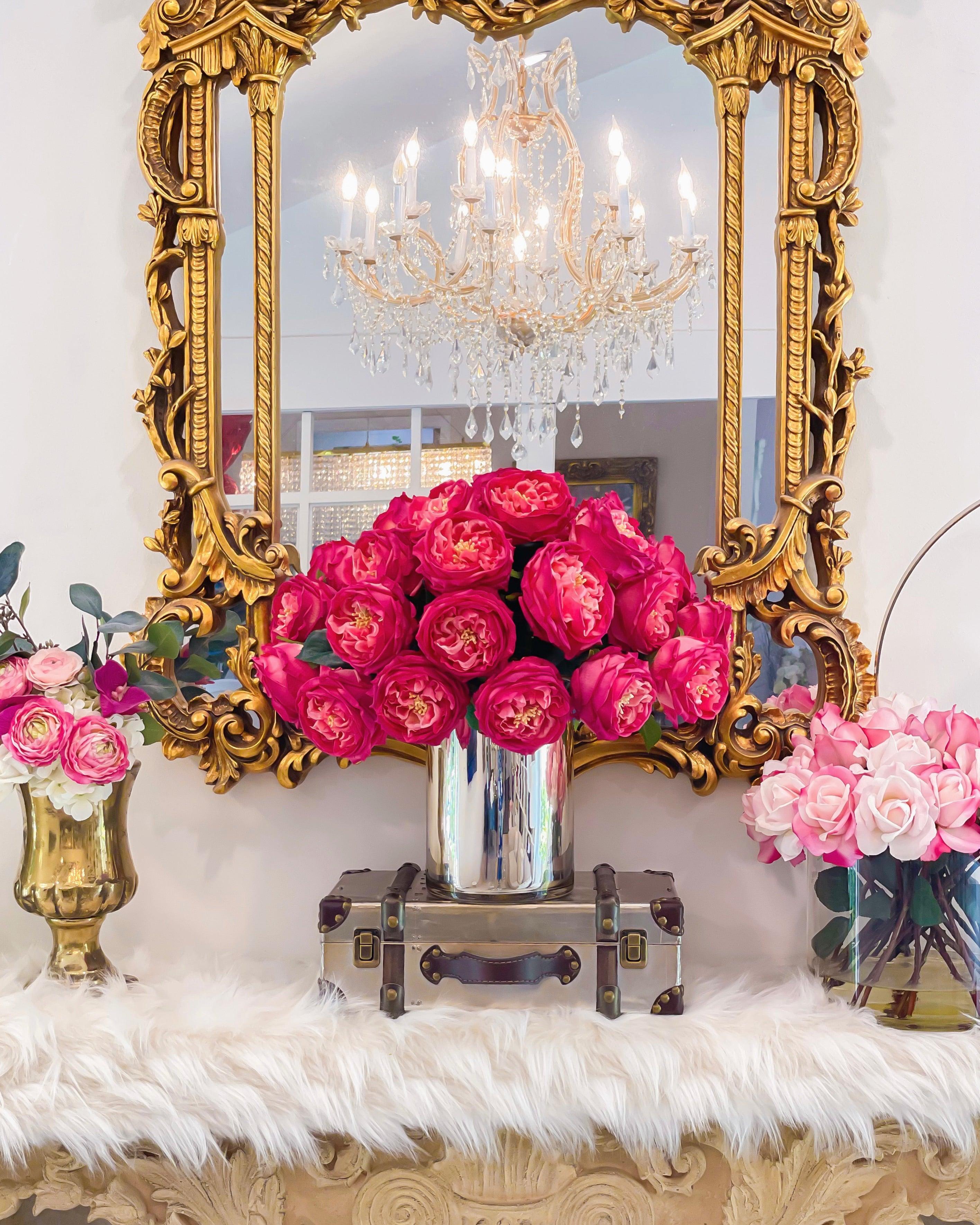 18 inch Large English Rose Centerpiece in Metal Vase - Flovery