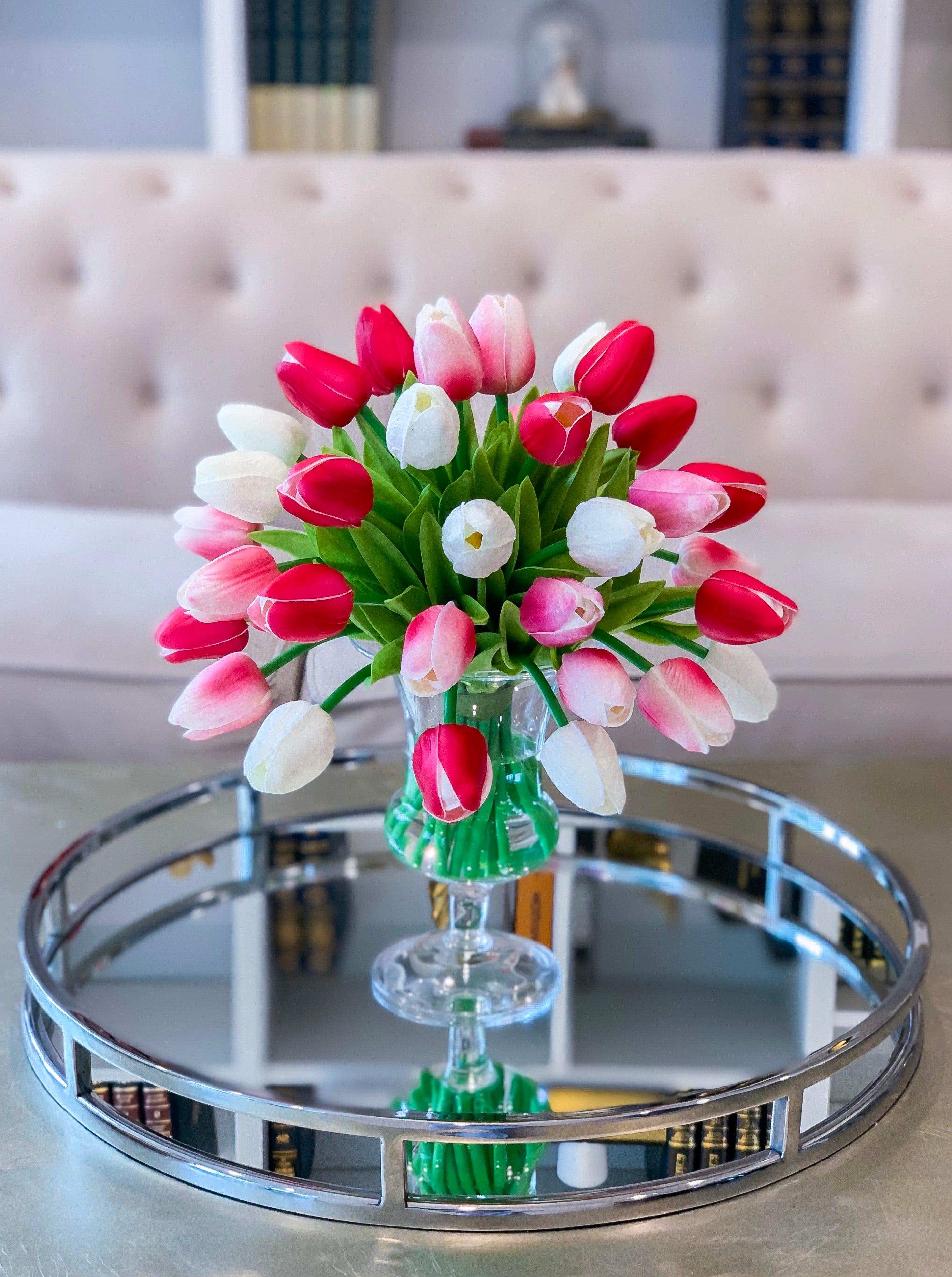 Real Touch Centerpiece -Real Touch Flowers Centerpiece-Pink Real Touch Tulip Arrangement-Faux Tulip Arrangement-Silk Tulip - Flovery