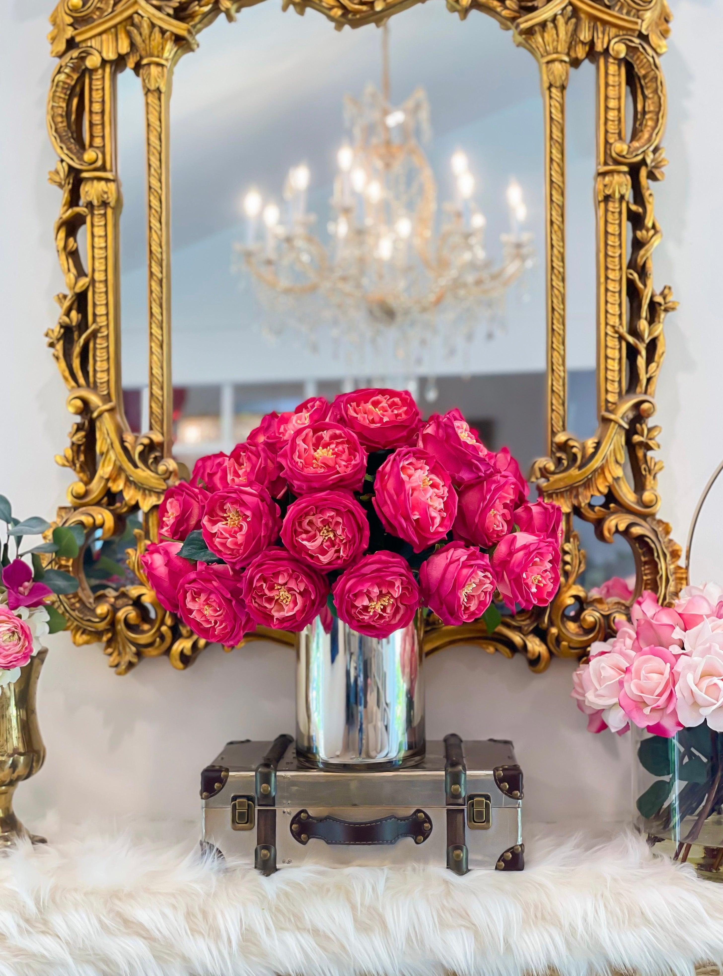 18 inch Large English Rose Centerpiece in Metal Vase - Flovery