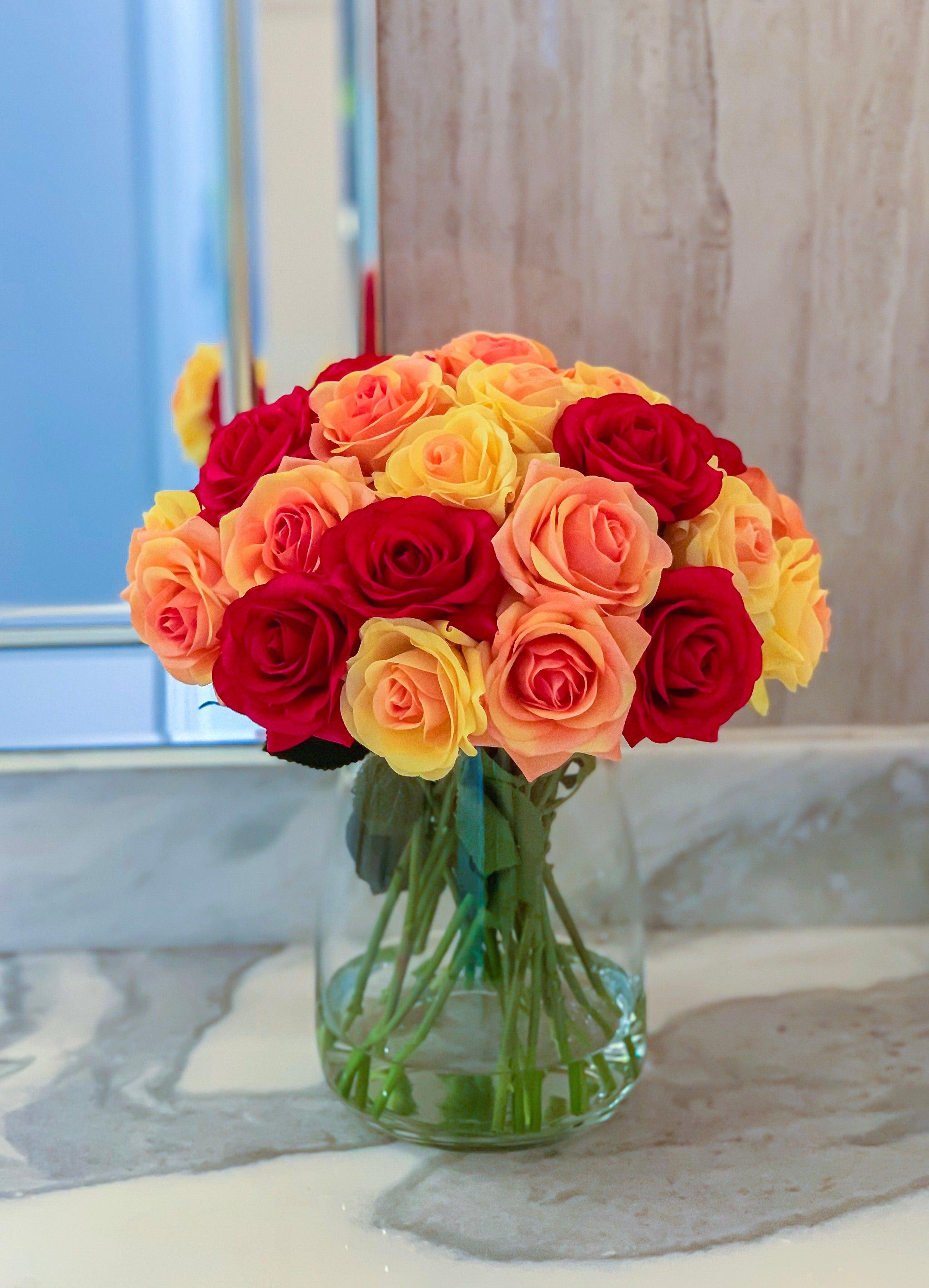Large Real Touch Roses Red Yellow Orange - Flovery Main image