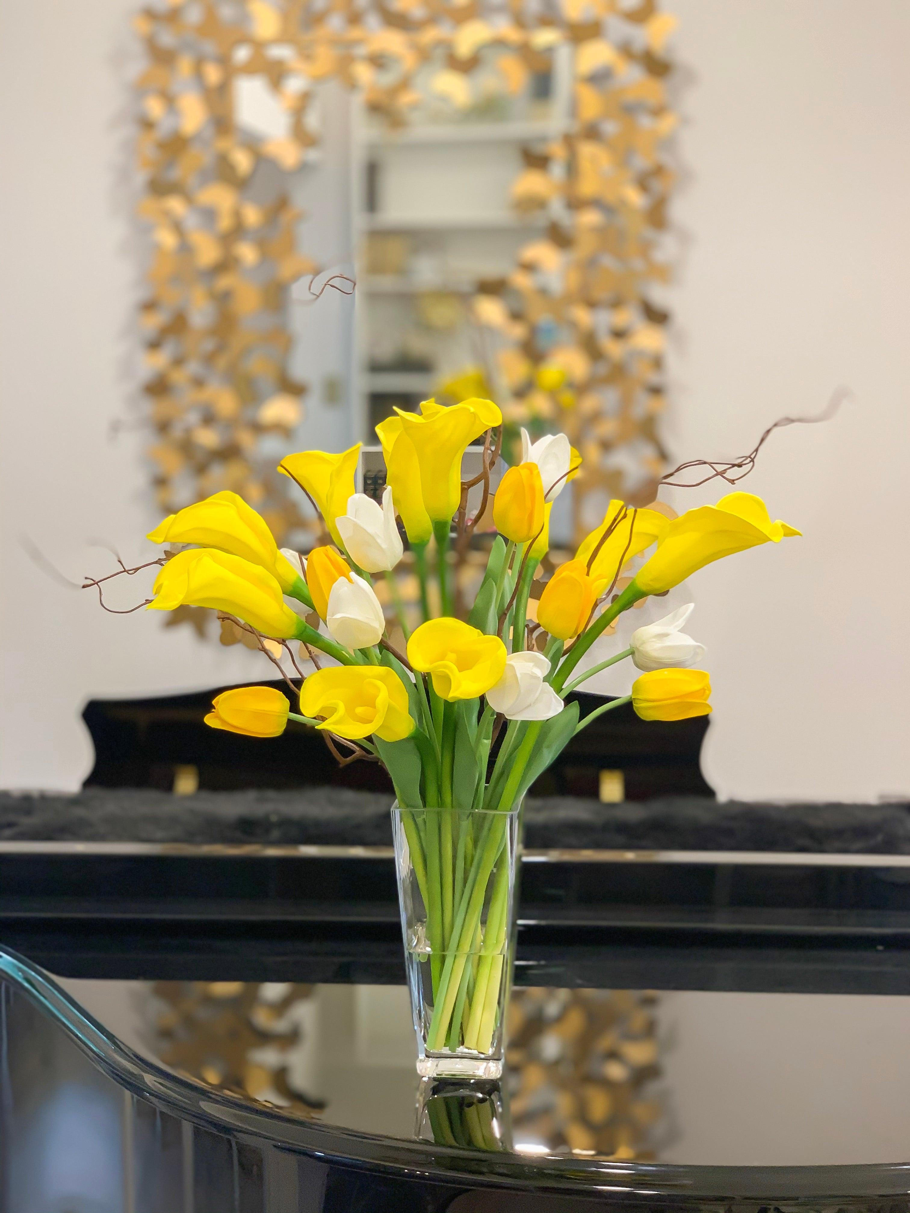 yellow lily flower arrangement Yellow/White Real Touch Calla Lily Arrangement – Flovery.com