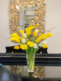 Yellow/White Real Touch Flowers Arrangement-Yellow Calla Lily Real Touch Arrangement-Real Touch Tulip-White/Yellow Tulips Centerpiece - Flovery