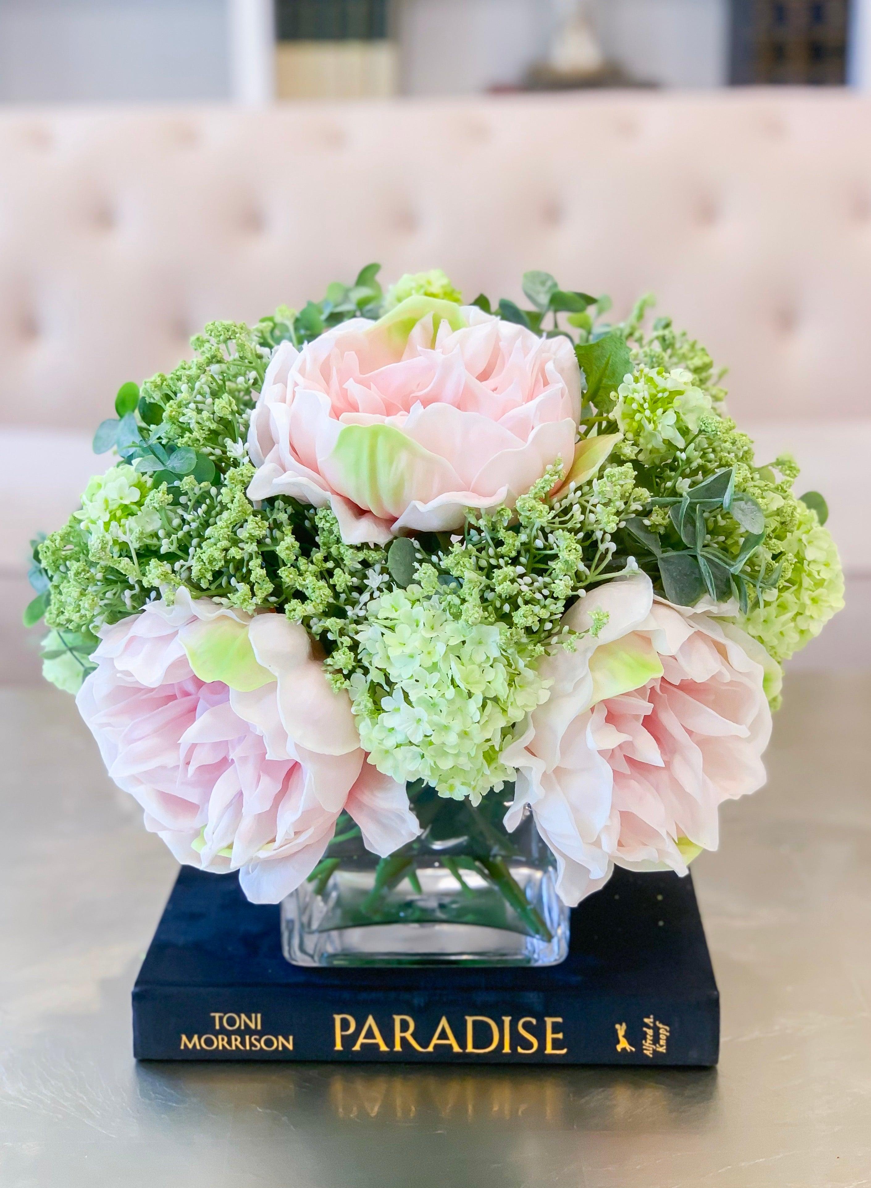 Real Touch Blush Pink Peonies Centerpiece with Pink Baby Breath