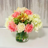 Real Touch Rose, Orchids Mixed With Finest Artificial White Hydrangea In Glass Vase - Home Decor - Flovery