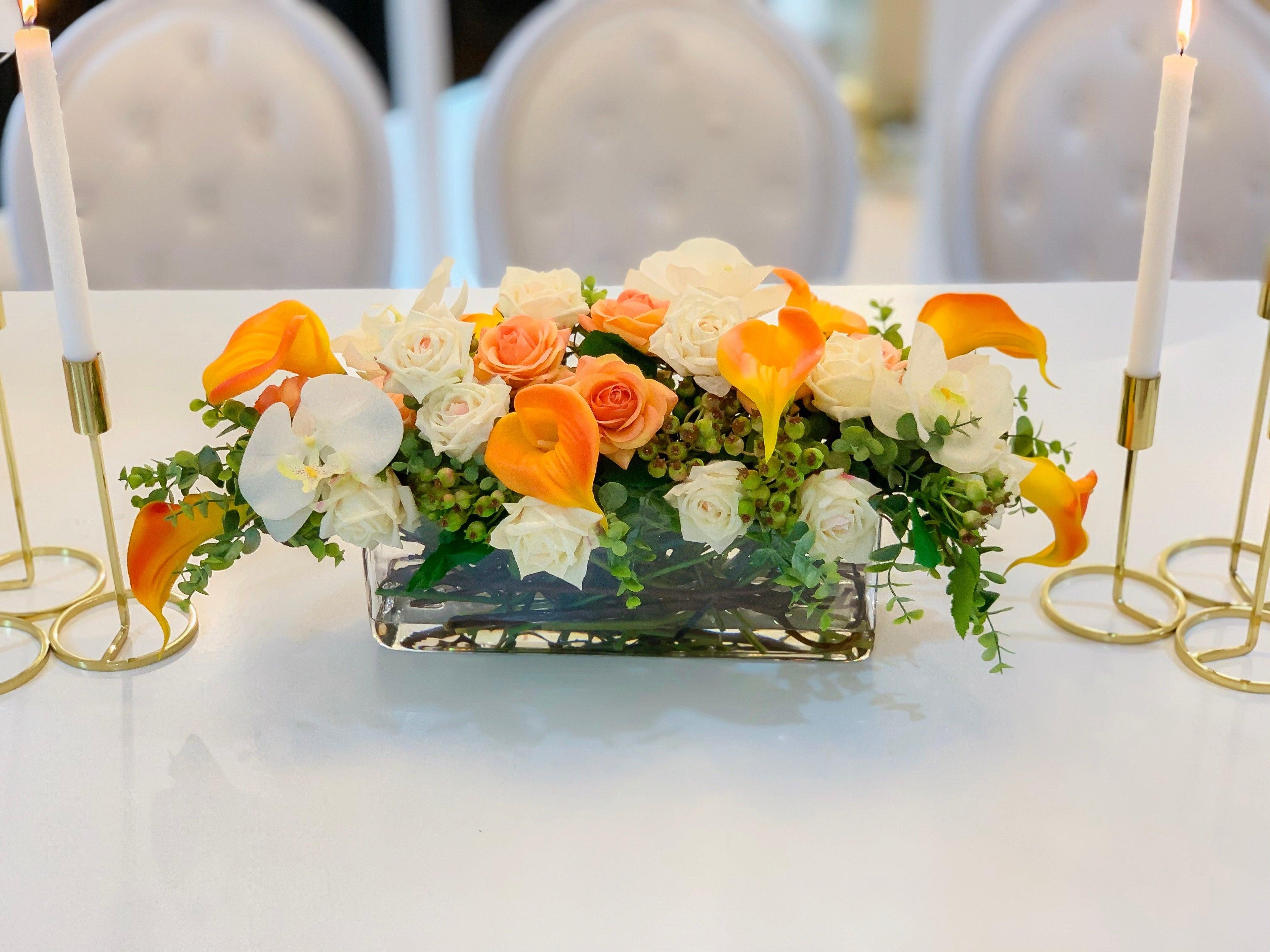 25" Large Real Touch Orange Calla Lily Mixed White Rose, Orchid Arrangement- 0range/White Real Touch Flowers Arrangement-Fall Centerpieces - Flovery