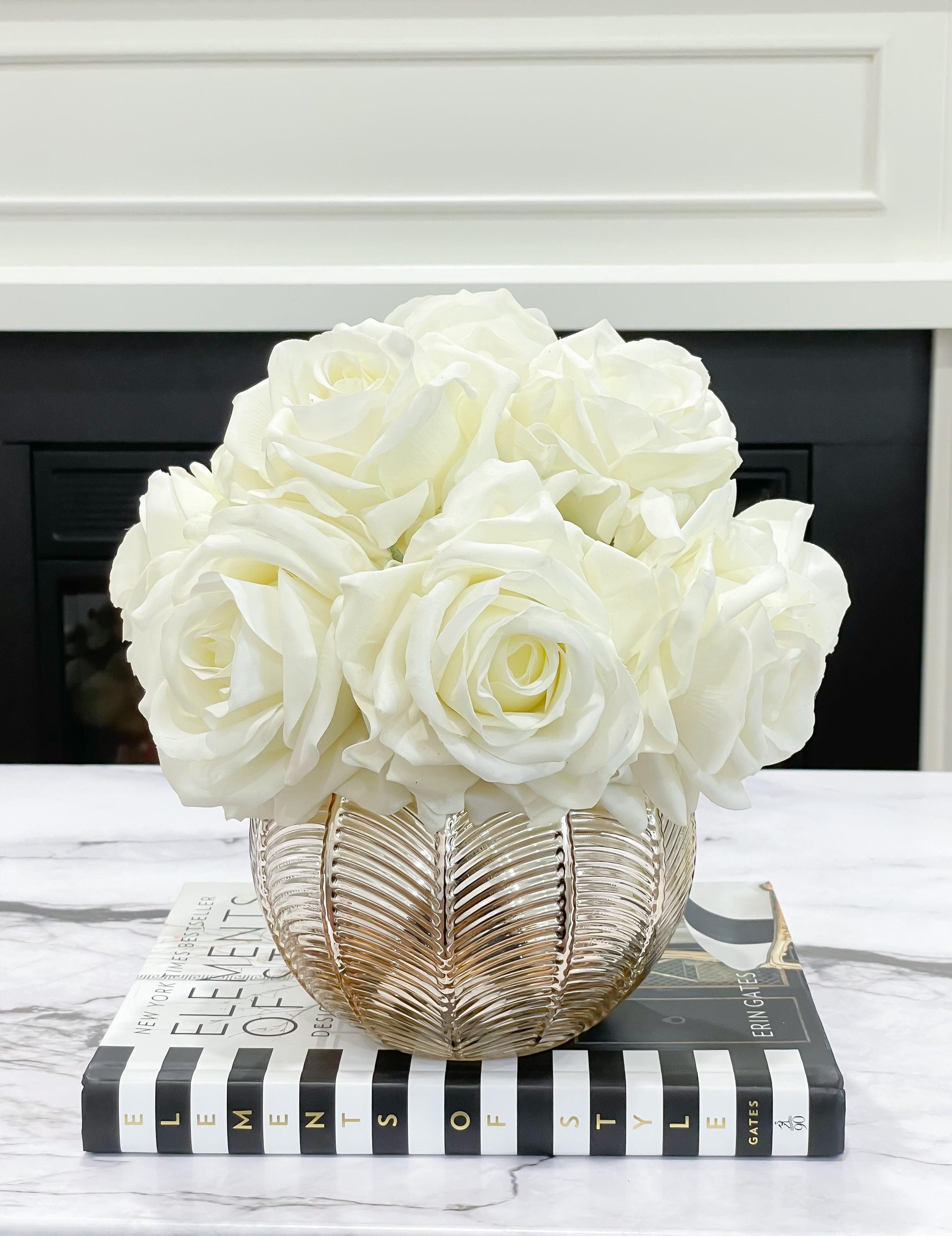 Medium Premium Real Touch White Rose Arrangement in Gold Vase - Flovery