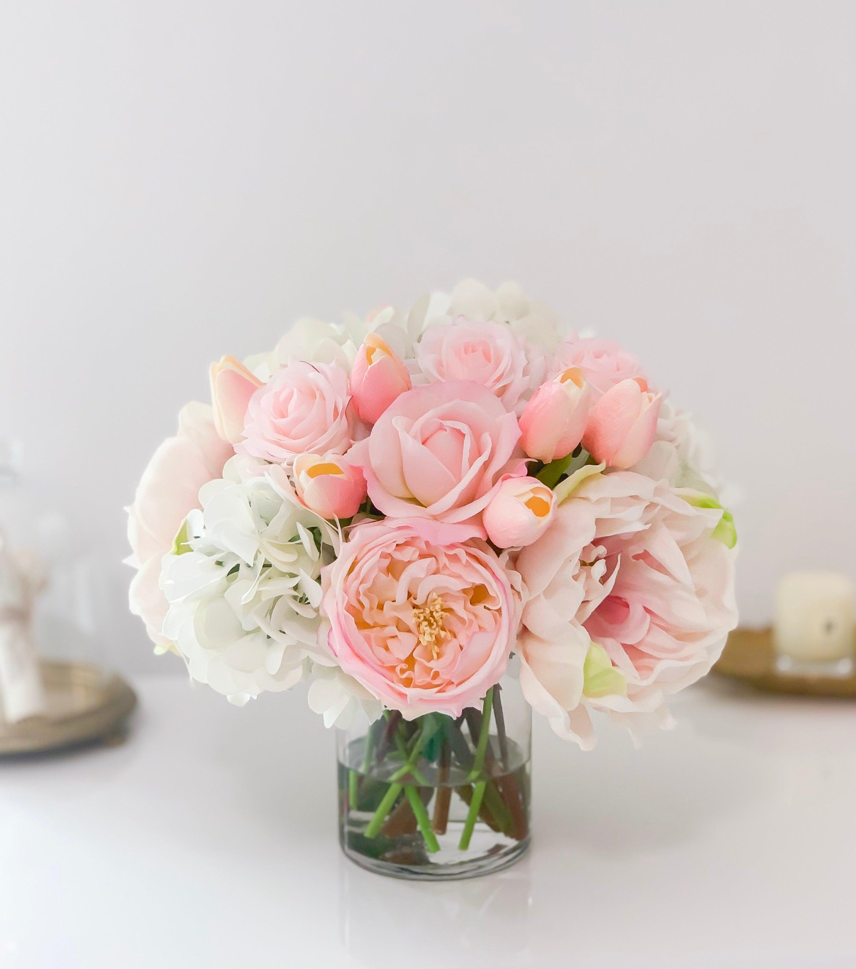 All Real Touch Centerpiece-Floral Arrangement-Pink Roses-Pink Peony -White Hydrangea-Pink Tulip Arrangement - Flovery Main image