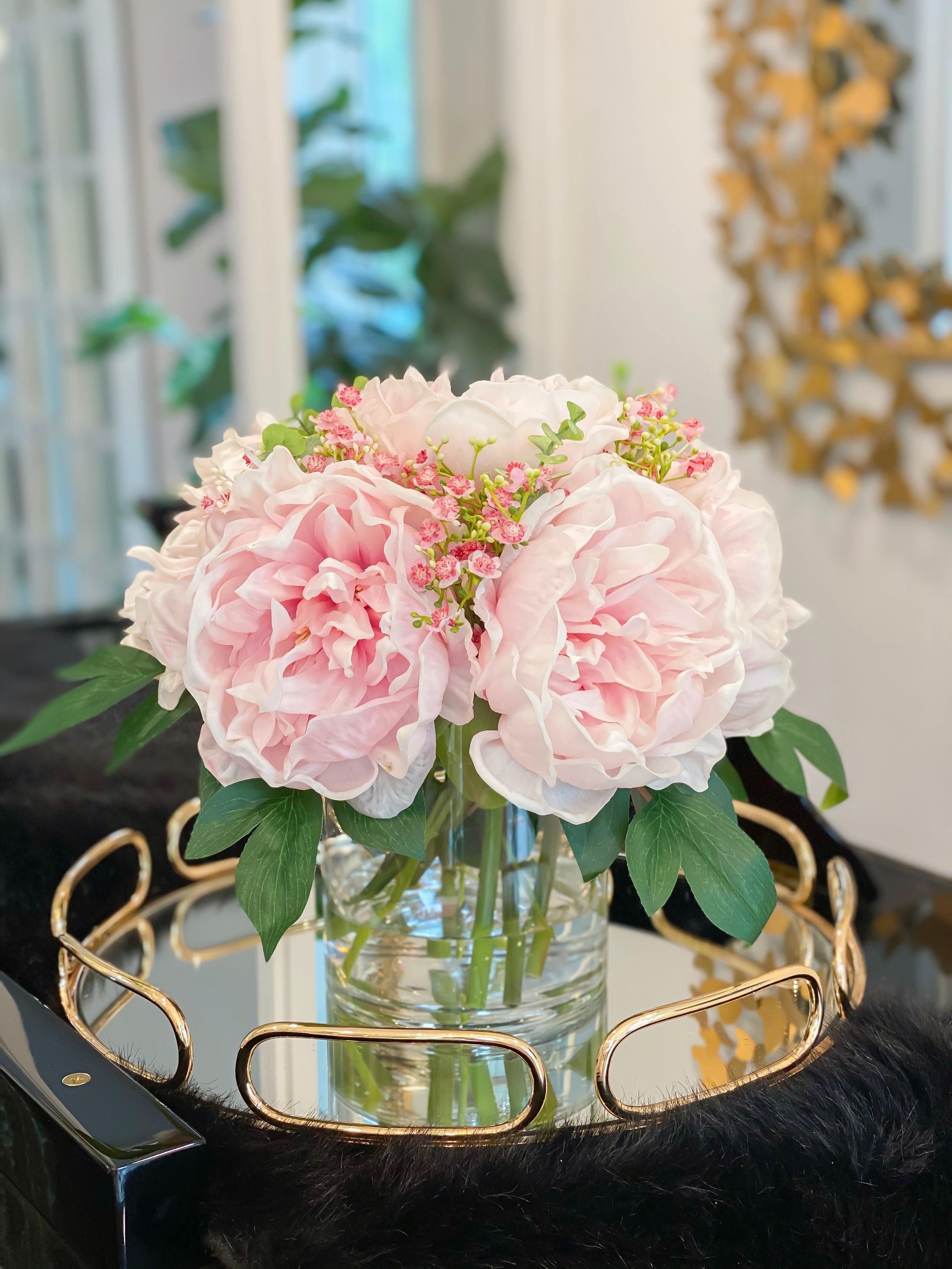 Real Touch Silk Floral Arrangement-Pink/Blush Pink Peonies Centerpiece- Real Touch Peonies Arrangement-Room Arrangement - Flovery Main image