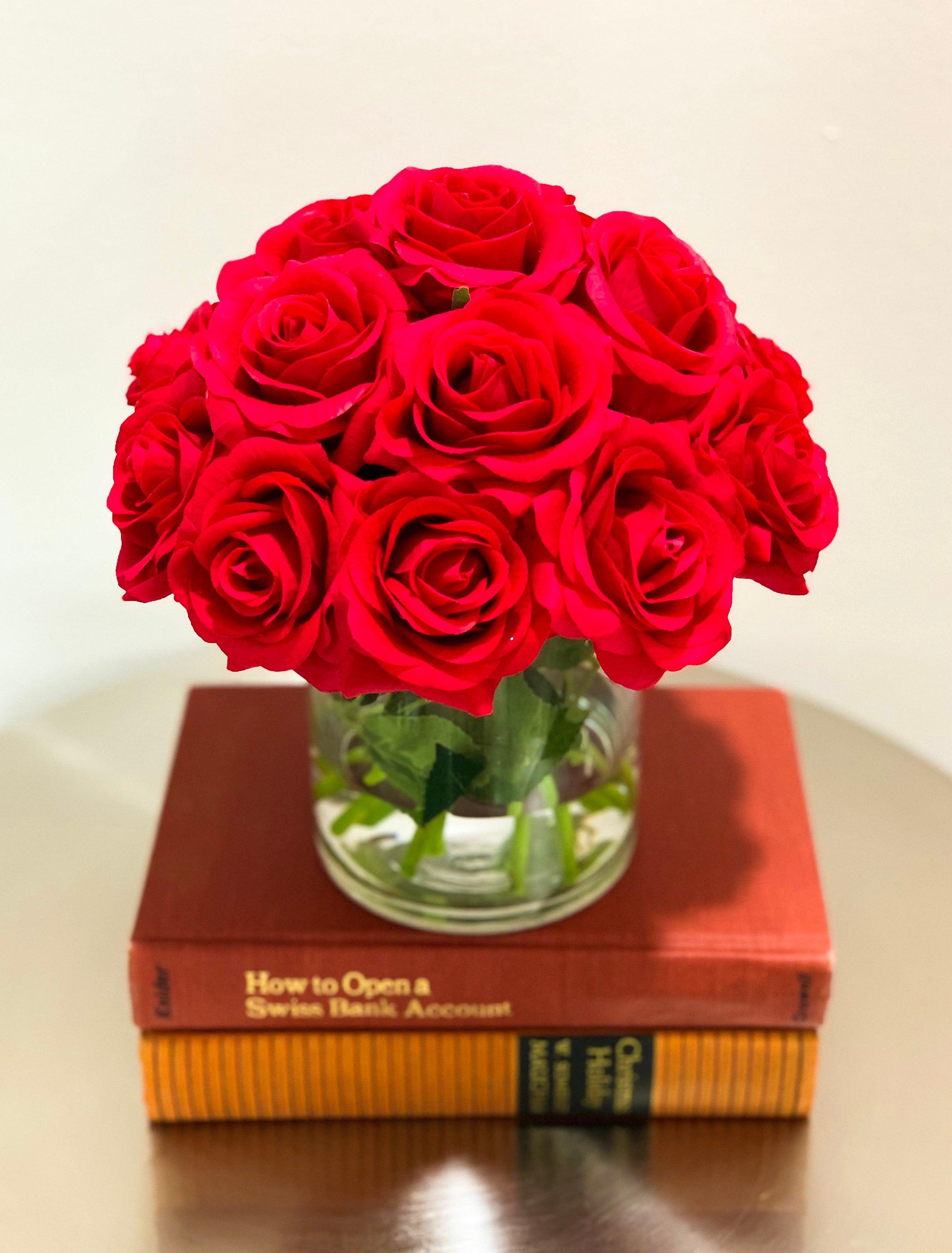 Real Touch Red Rose Arrangement Cylinder Glass - Flovery