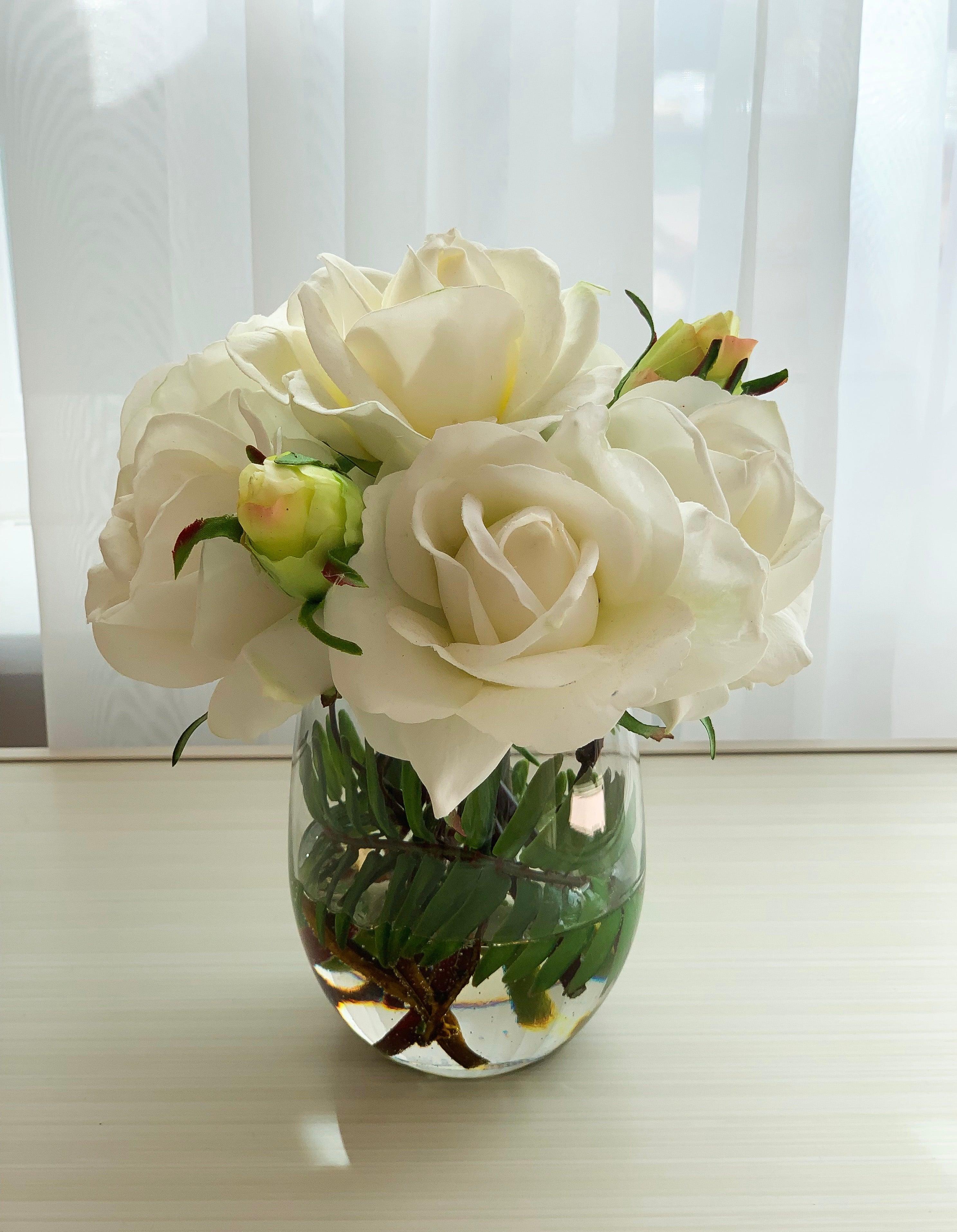 White Real Touch Roses Buds Arrangement - Flovery