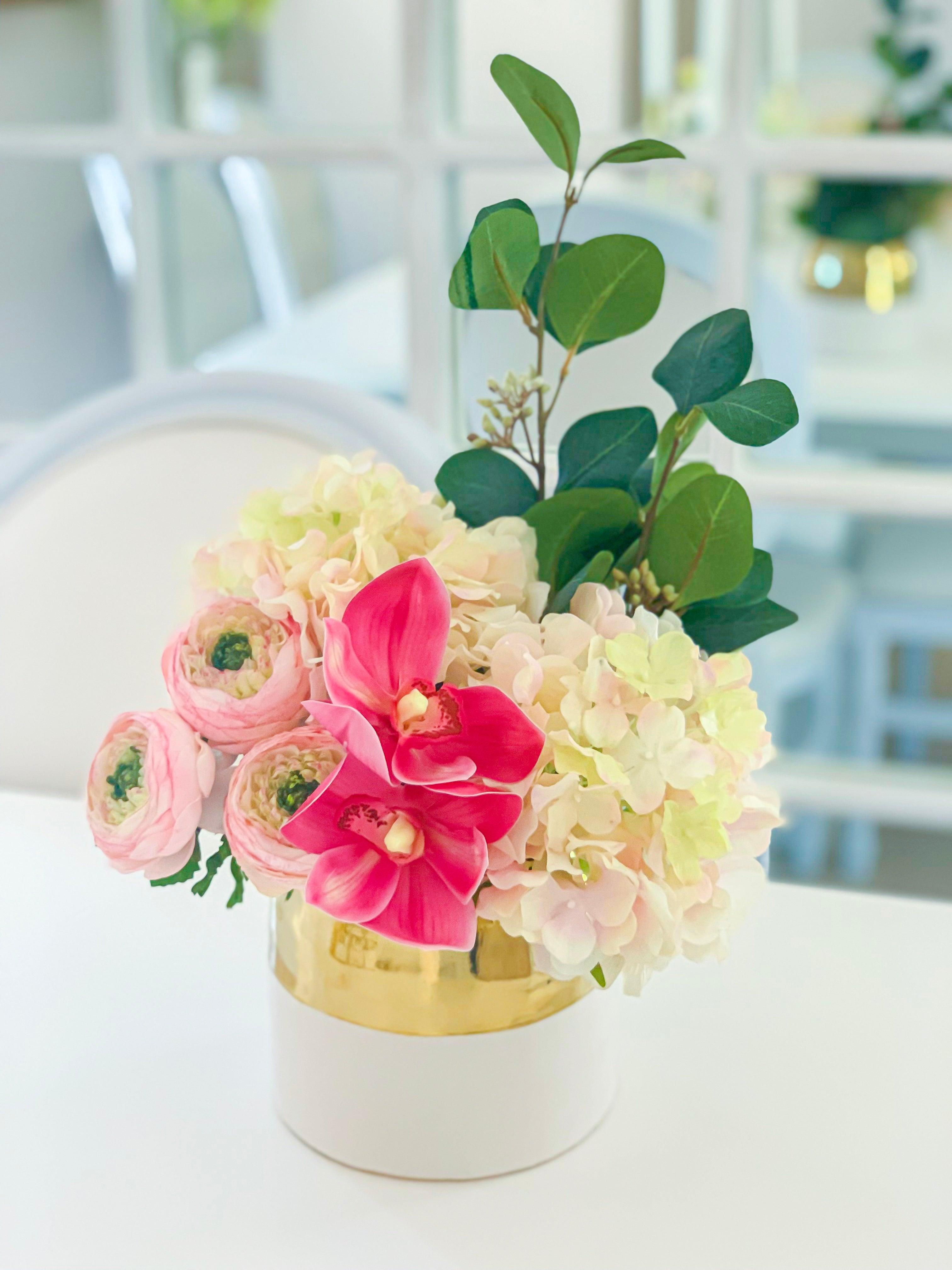 Elegant design Real Touch Hydrangea, Cymbidium Orchid, Ranunculus Arrangement In White Gold Ceramic Vase - Flovery