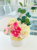 Hydrangea Orchid Ranunculus Arrangement White Gold Vase