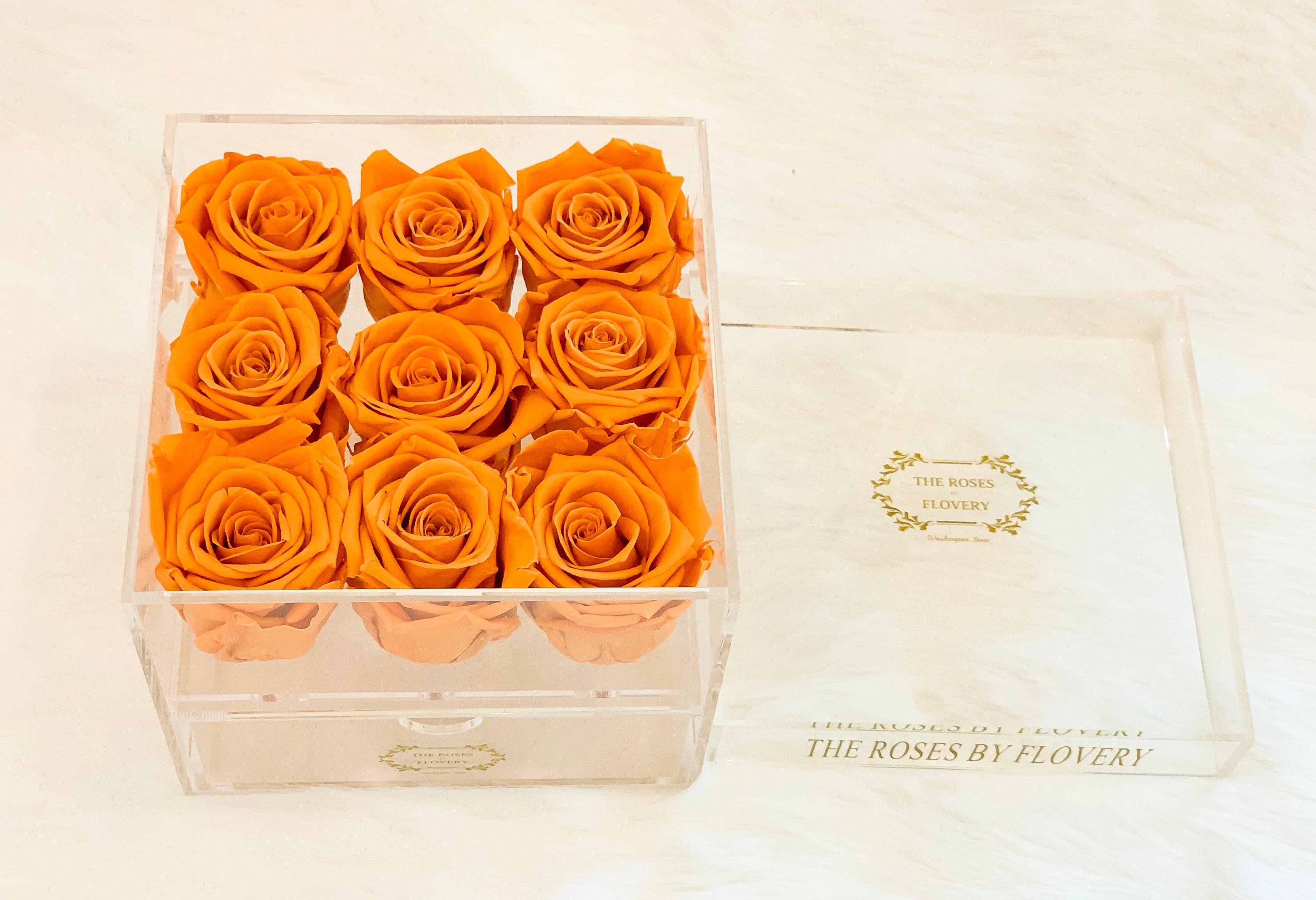 Premium Ecuador preserved orange roses in elegant acrylic box - Flovery