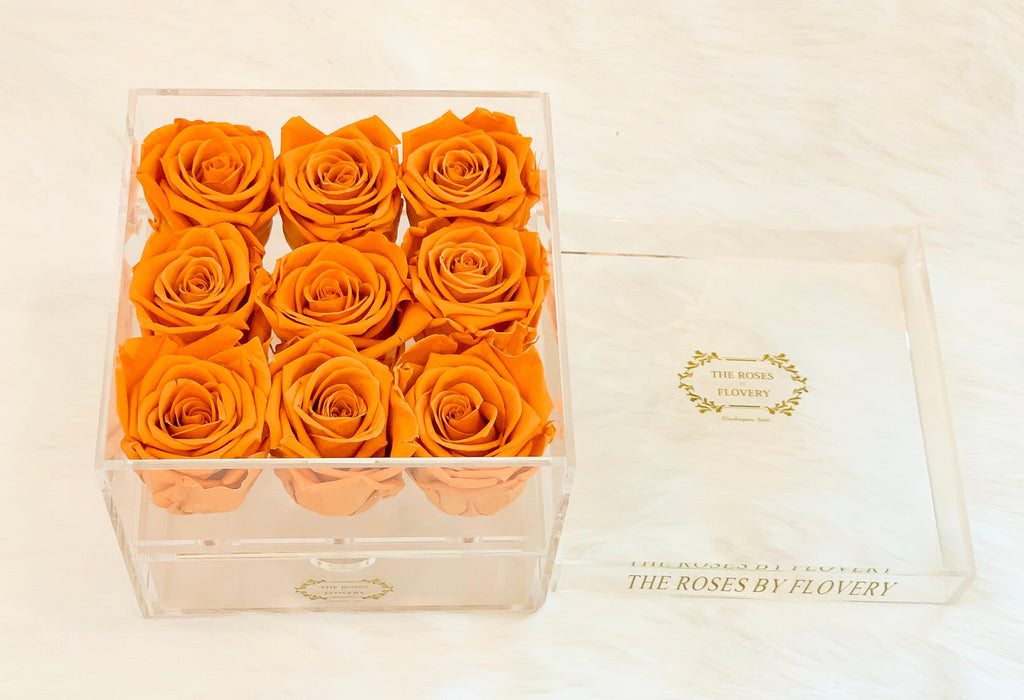Premium Ecuador preserved orange roses in elegant acrylic box Flovery
