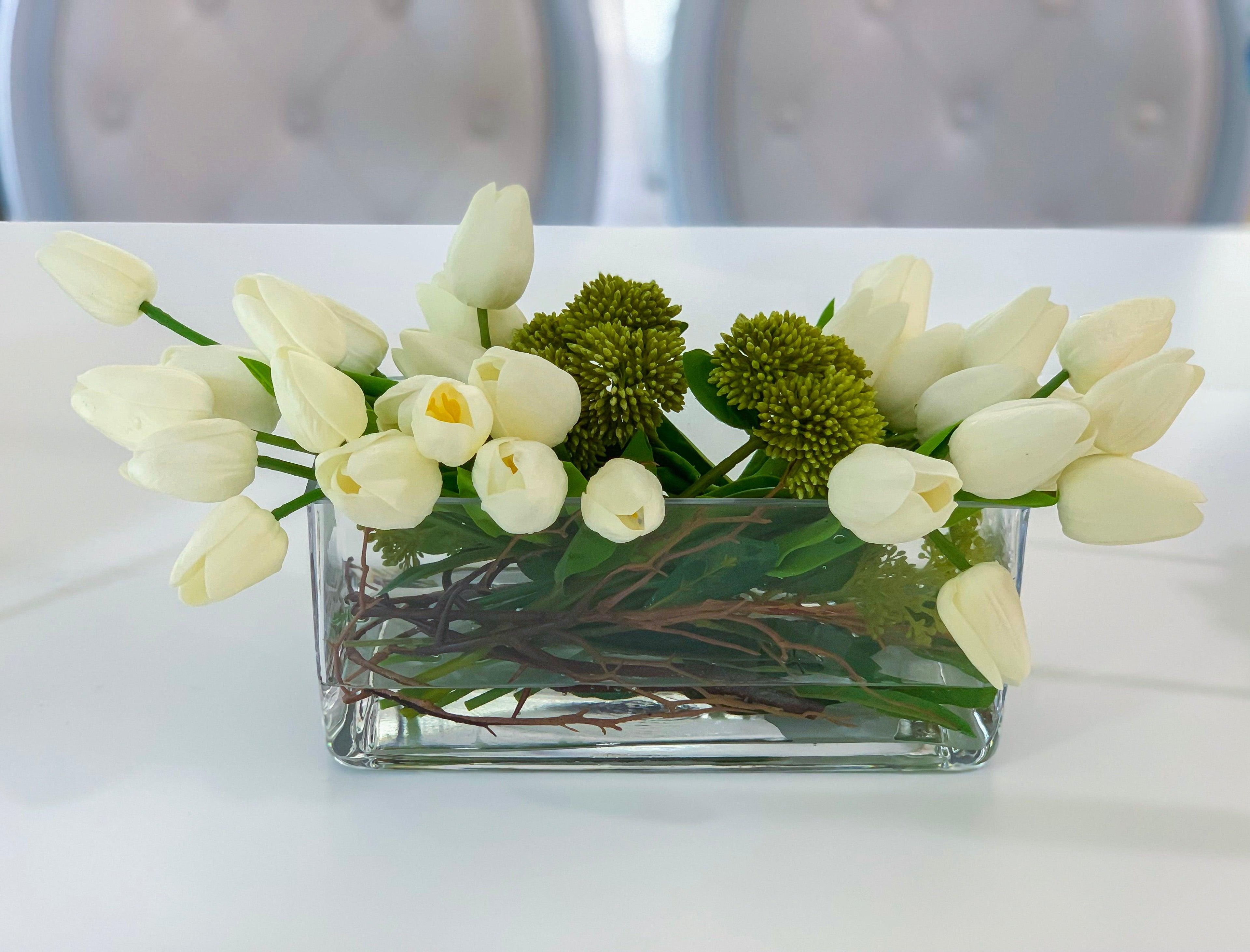 Real Touch White Tulips Wide Square Arrangement - Flovery