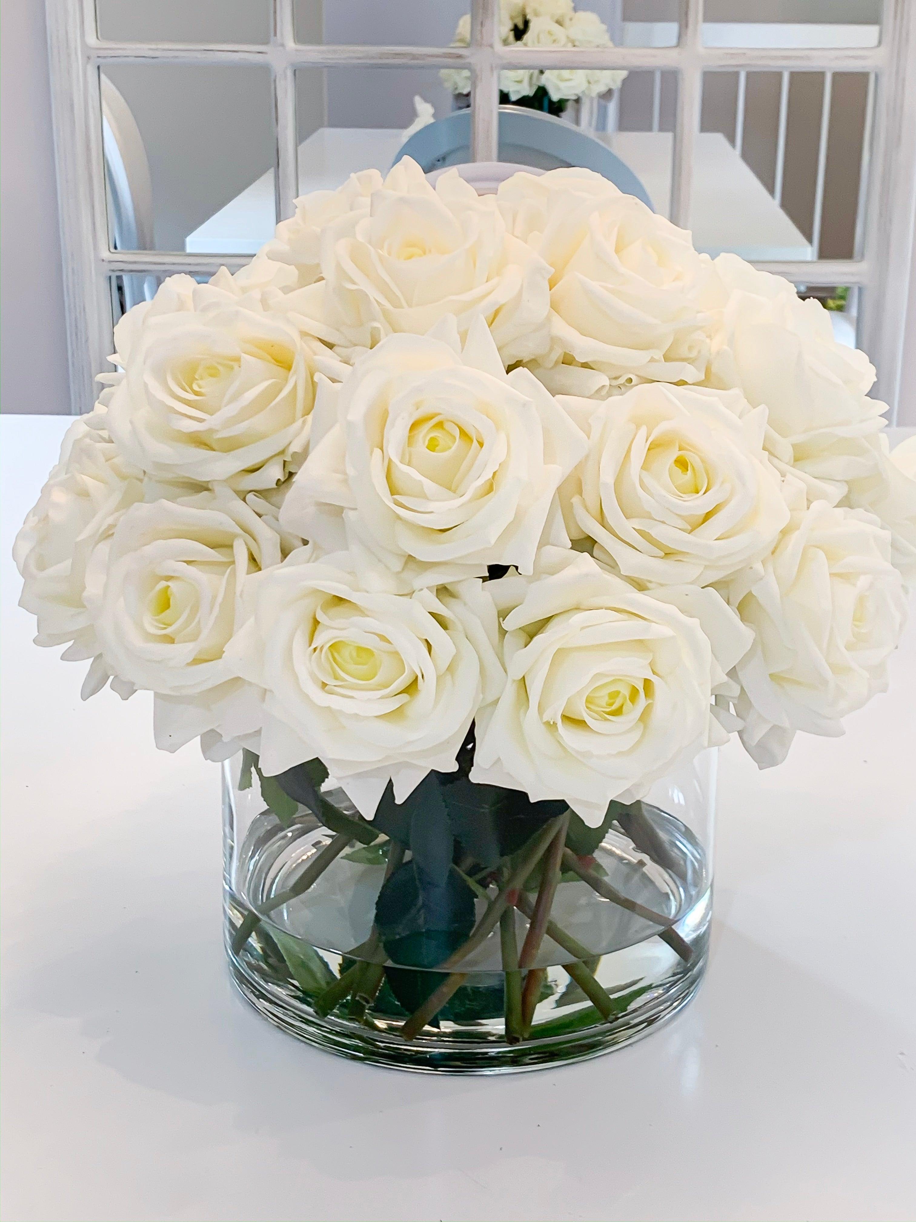 Giant White Rose Real Touch Flower Arrangement In Vase-Large Dining Table Centerpiece-White Real Touch Floral Arrangement Home Decor - Flovery