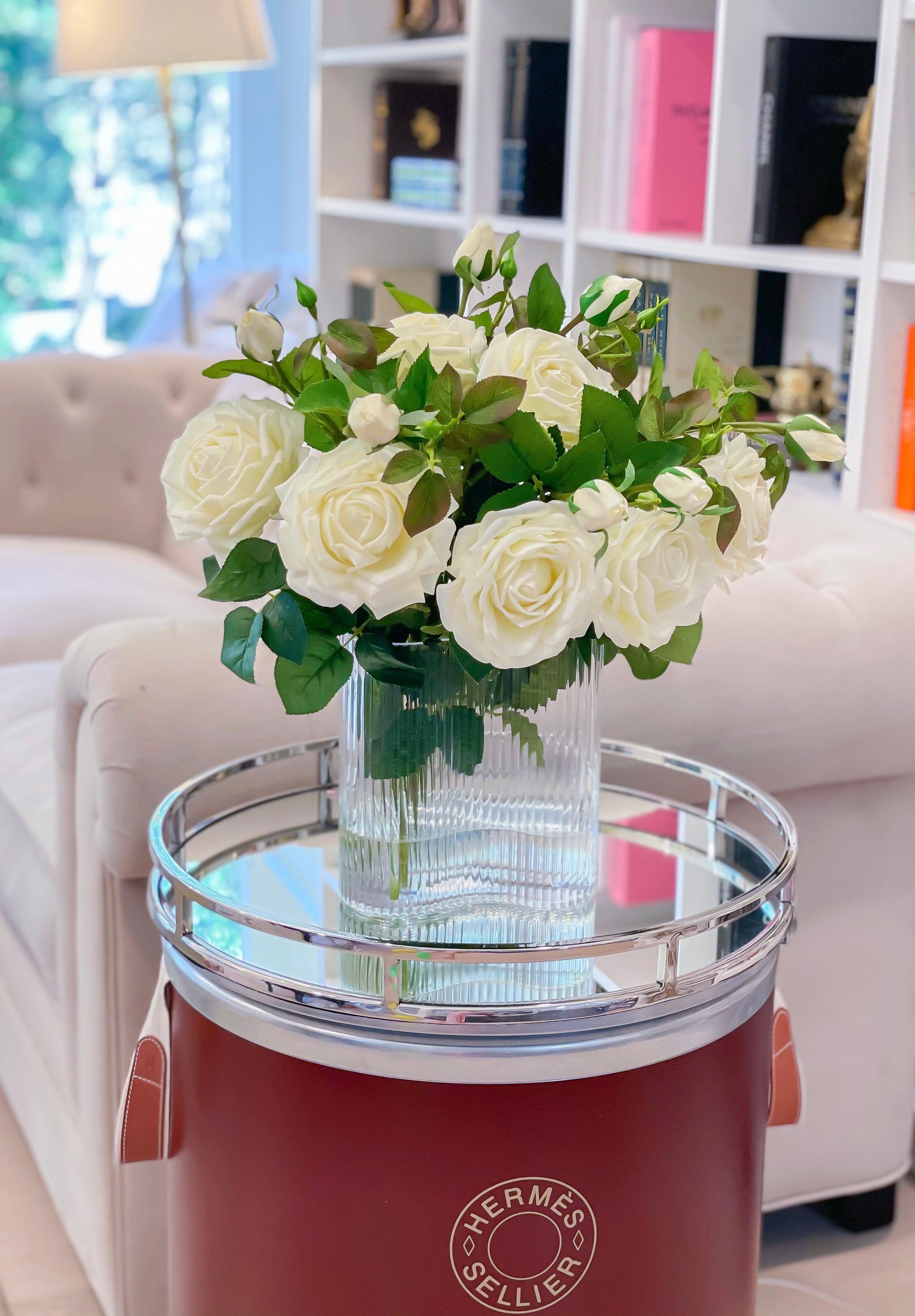 Large White Rose Real Touch- Flower Arrangement in Vase-Artificial Flower Arrangement Home Decor-Large Silk Centerpiece- Floral arrangement - Flovery