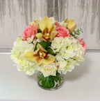 Real Touch Rose, Orchids Mixed With Finest Artificial White Hydrangea In Glass Vase - Home Decor - Flovery