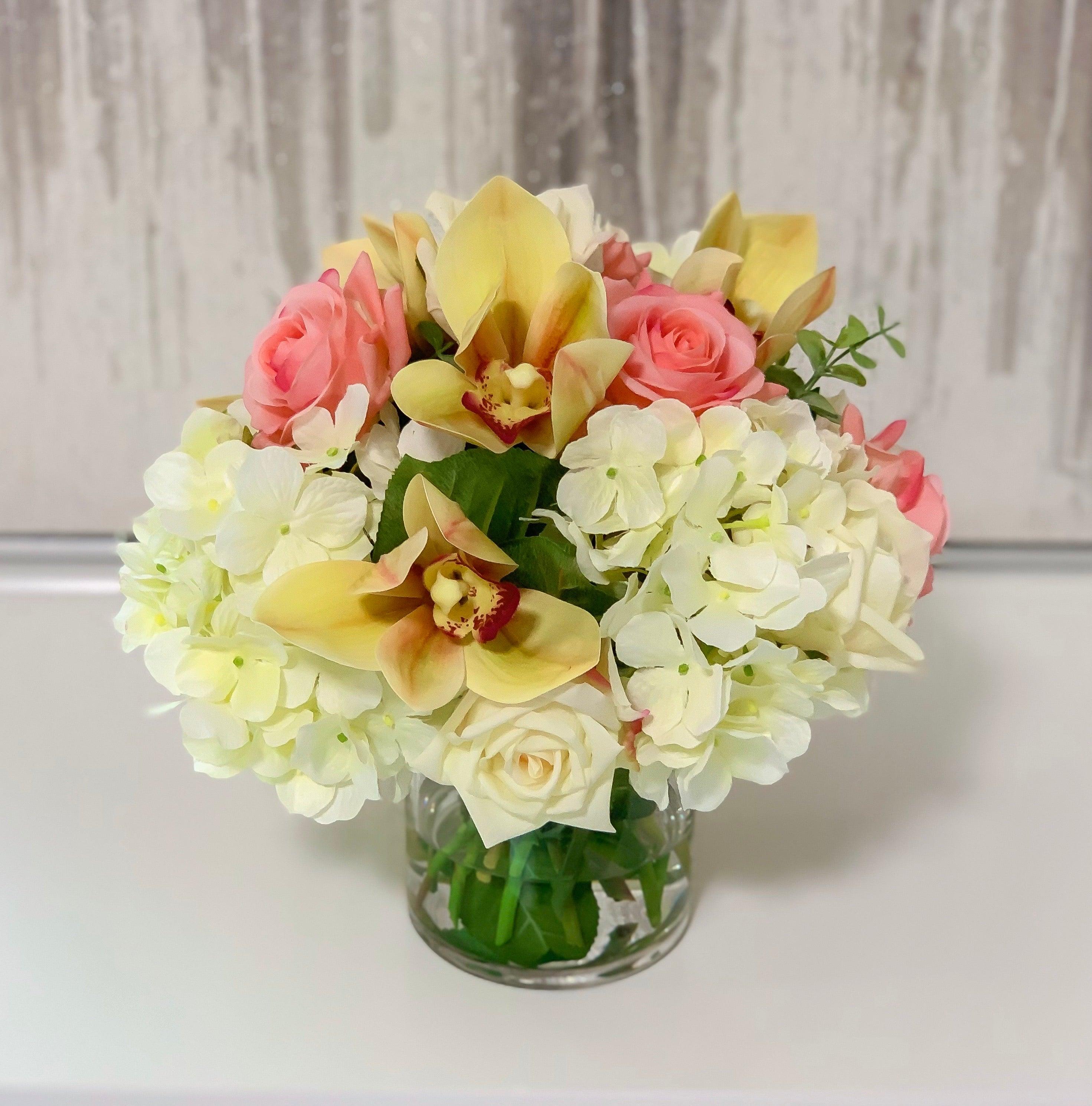 Real Touch Rose, Orchids Mixed With Finest Artificial White Hydrangea In Glass Vase - Home Decor - Flovery