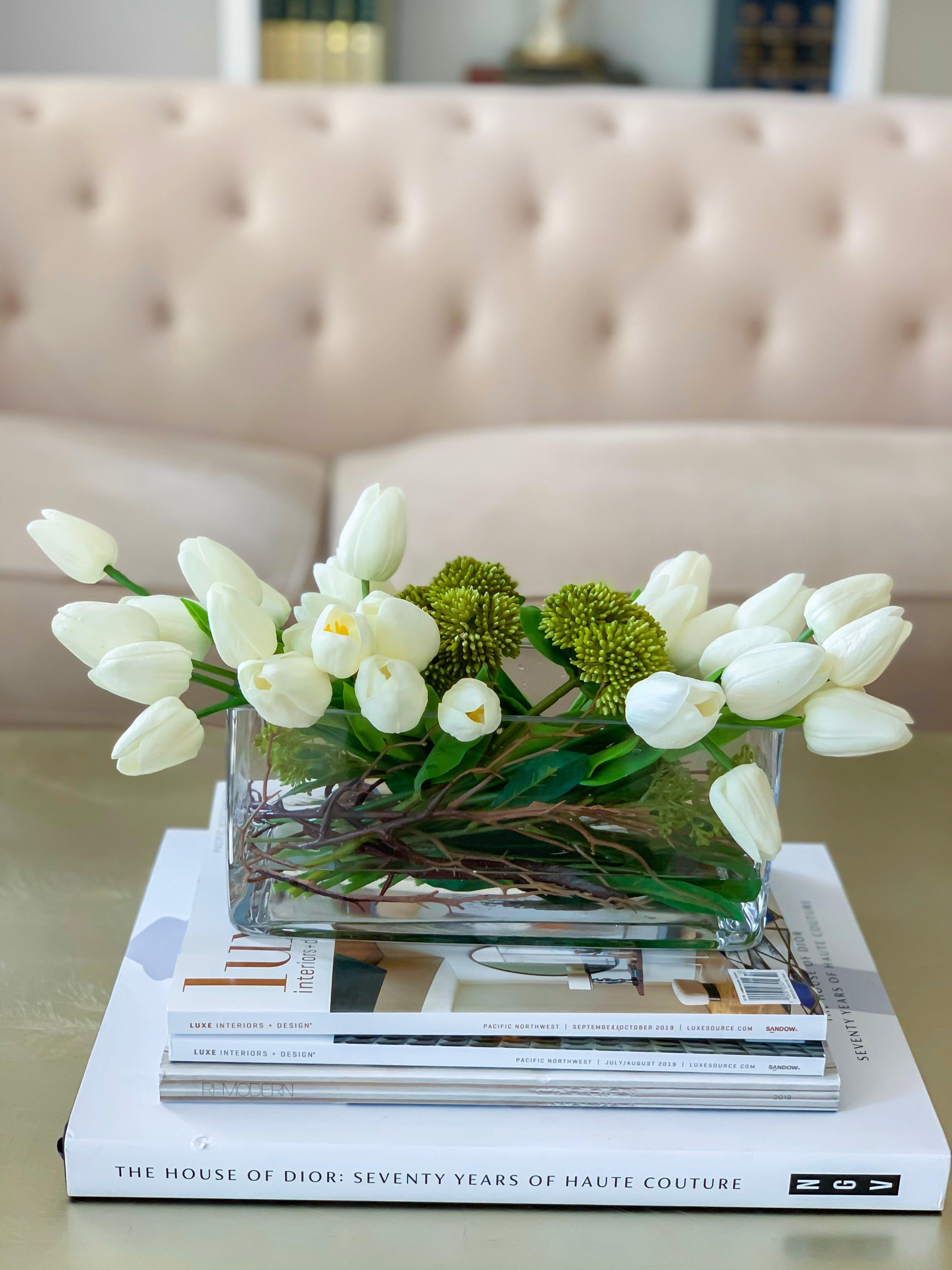 Real Touch White Tulips Wide Square Arrangement - Flovery Main image
