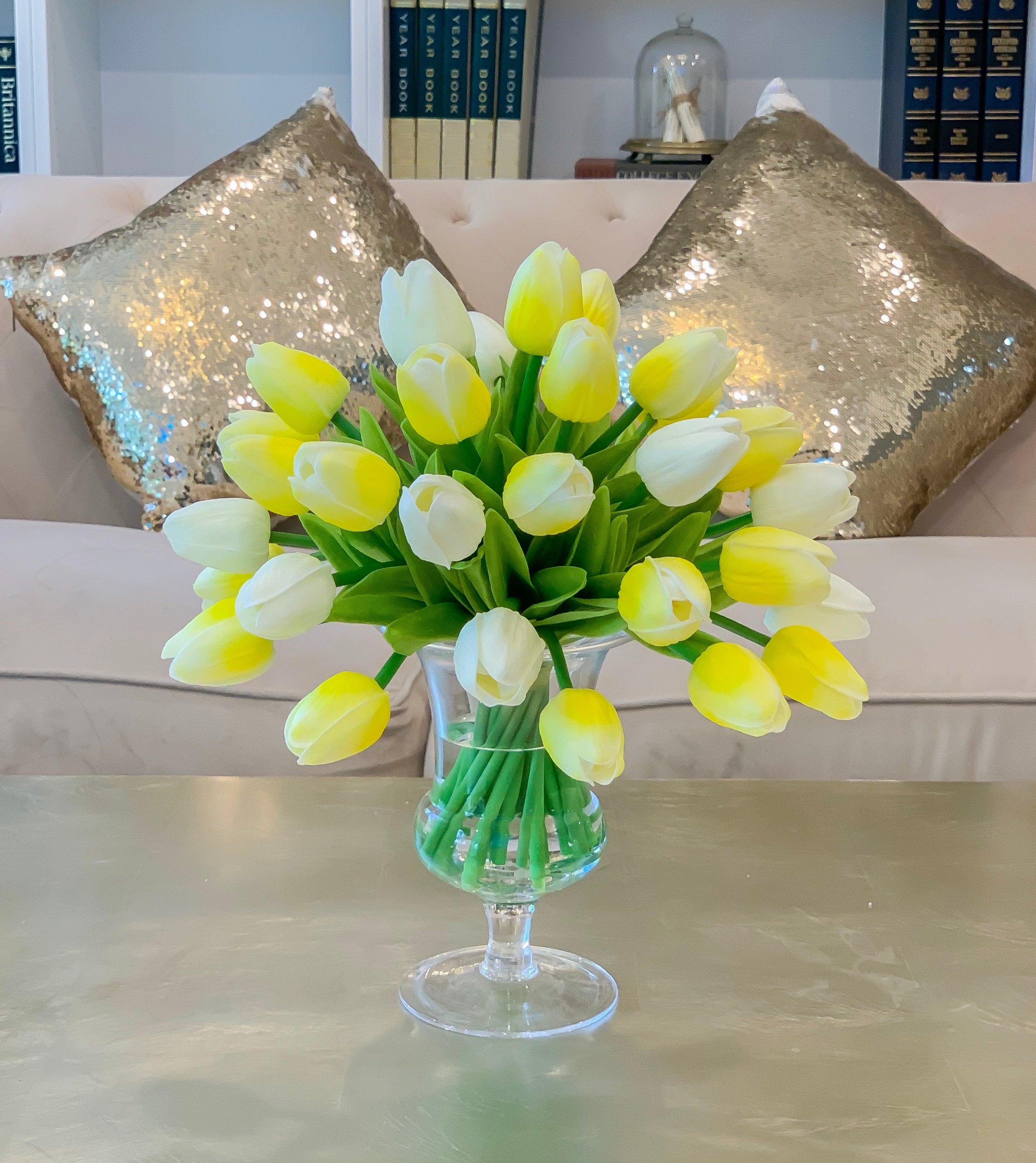 Real Touch Flowers Centerpiece-Real Touch Flower Arrangement-Yellow Real Touch Tulip Arrangement-Faux Tulip Arrangement-Silk Tulip - Flovery Main image