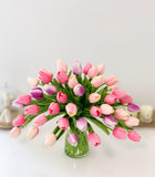 50 Pink Real Touch Tulips-Centerpiece-Pink-Purple Real Touch Flowers-Spring Arrangement-Faux Tulip Arrangement-Silk Flowers Centerpieces - Flovery