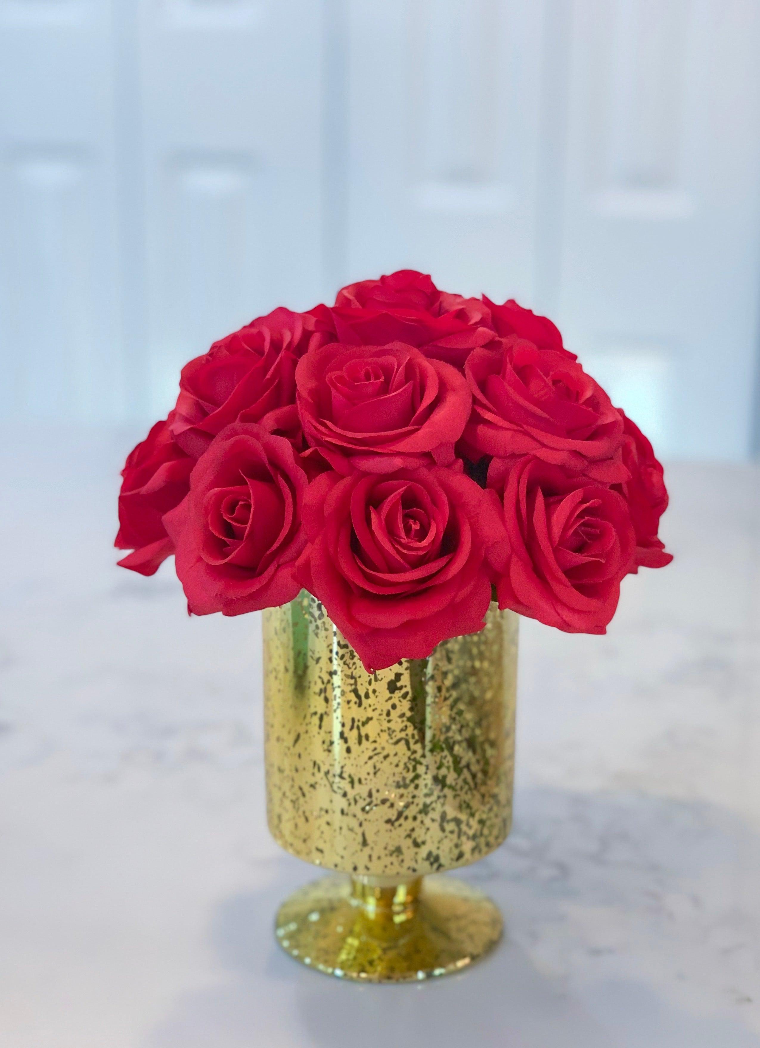 Real Touch Red Rose Arrangement In Gold Vase Secondary image