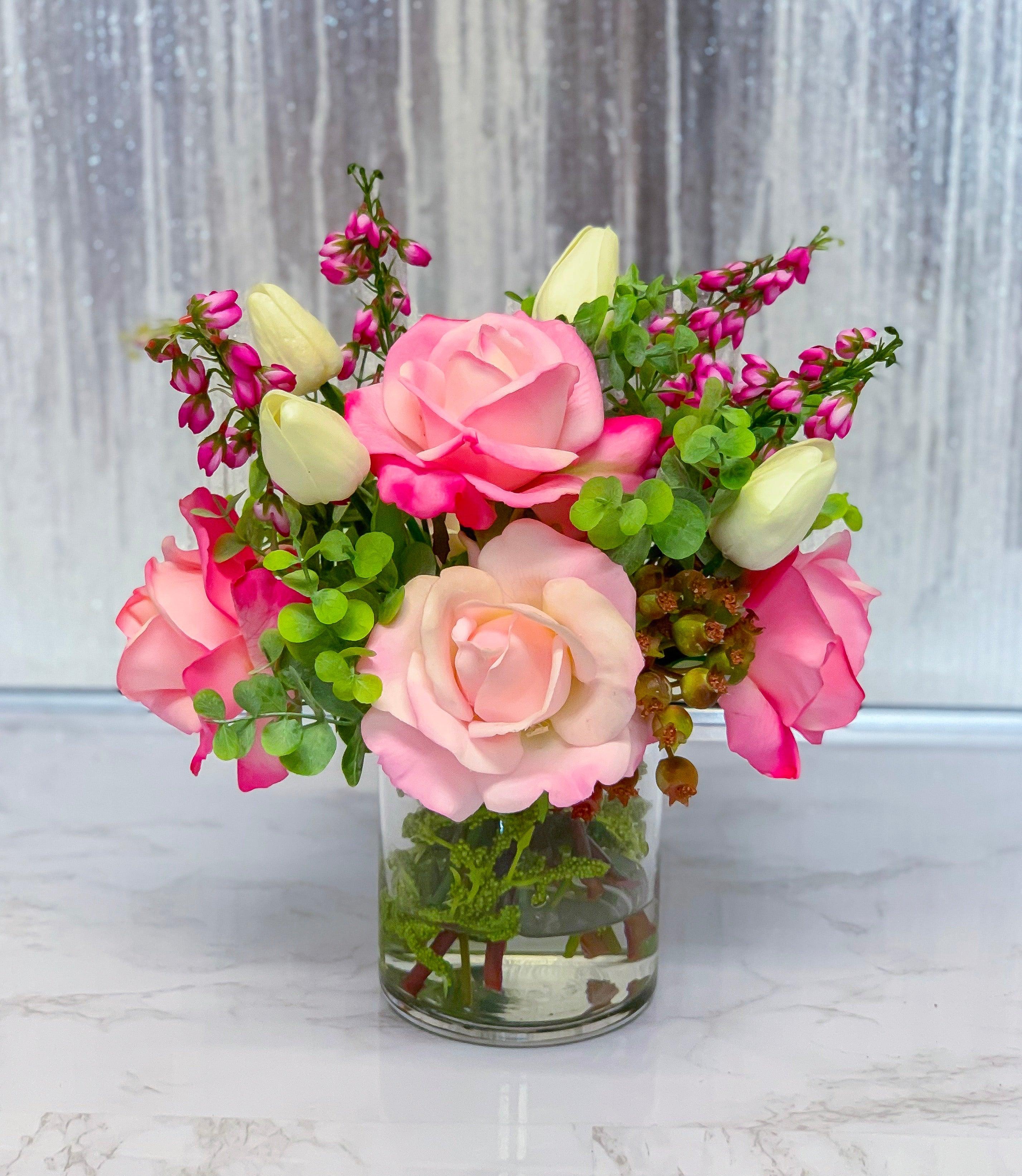 Real Touch Pink Roses Centerpiece – Flovery