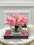 Real Touch Pink Roses Arrangement Square Glass - Flovery