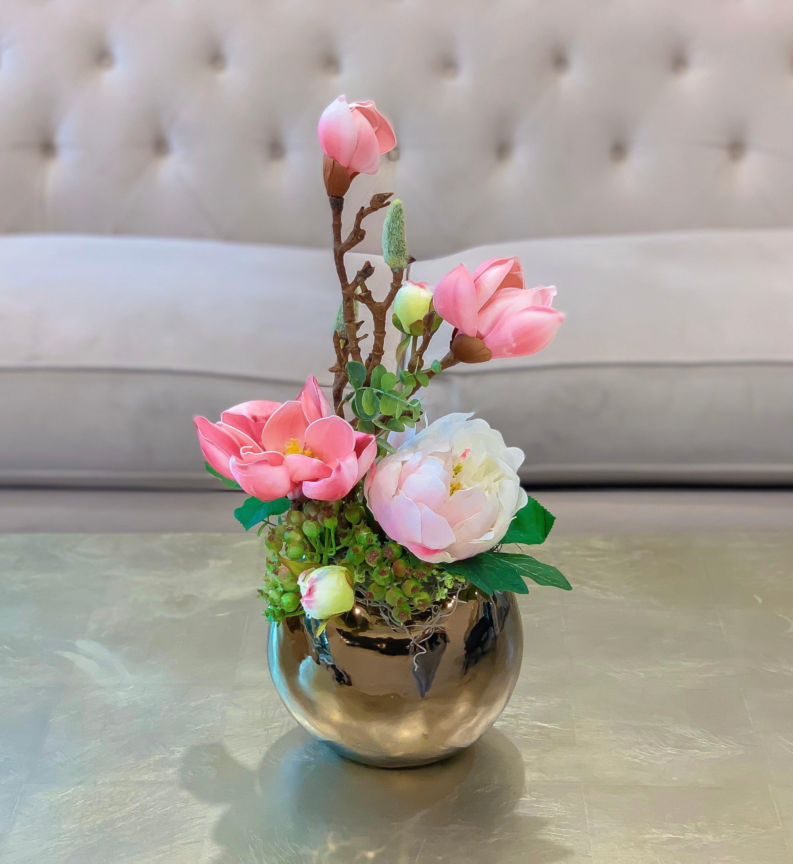 Spring Flowers Arrangement - Real Touch Magnolia With Finest Faux Peony In Gold Vase - Flovery Main image