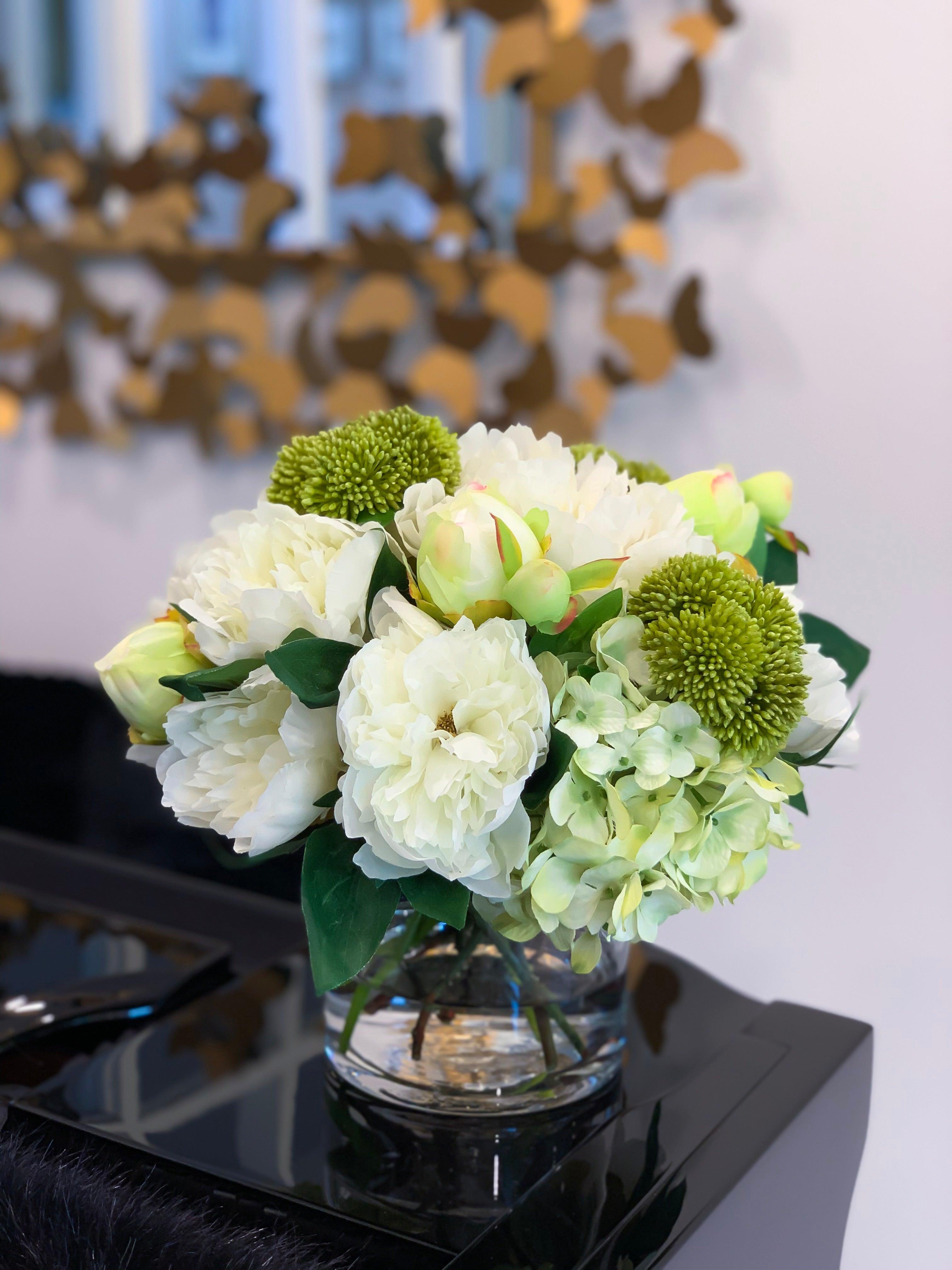 Silk Peonies Hydrangea Buds Glass Vase Arrangement - Flovery