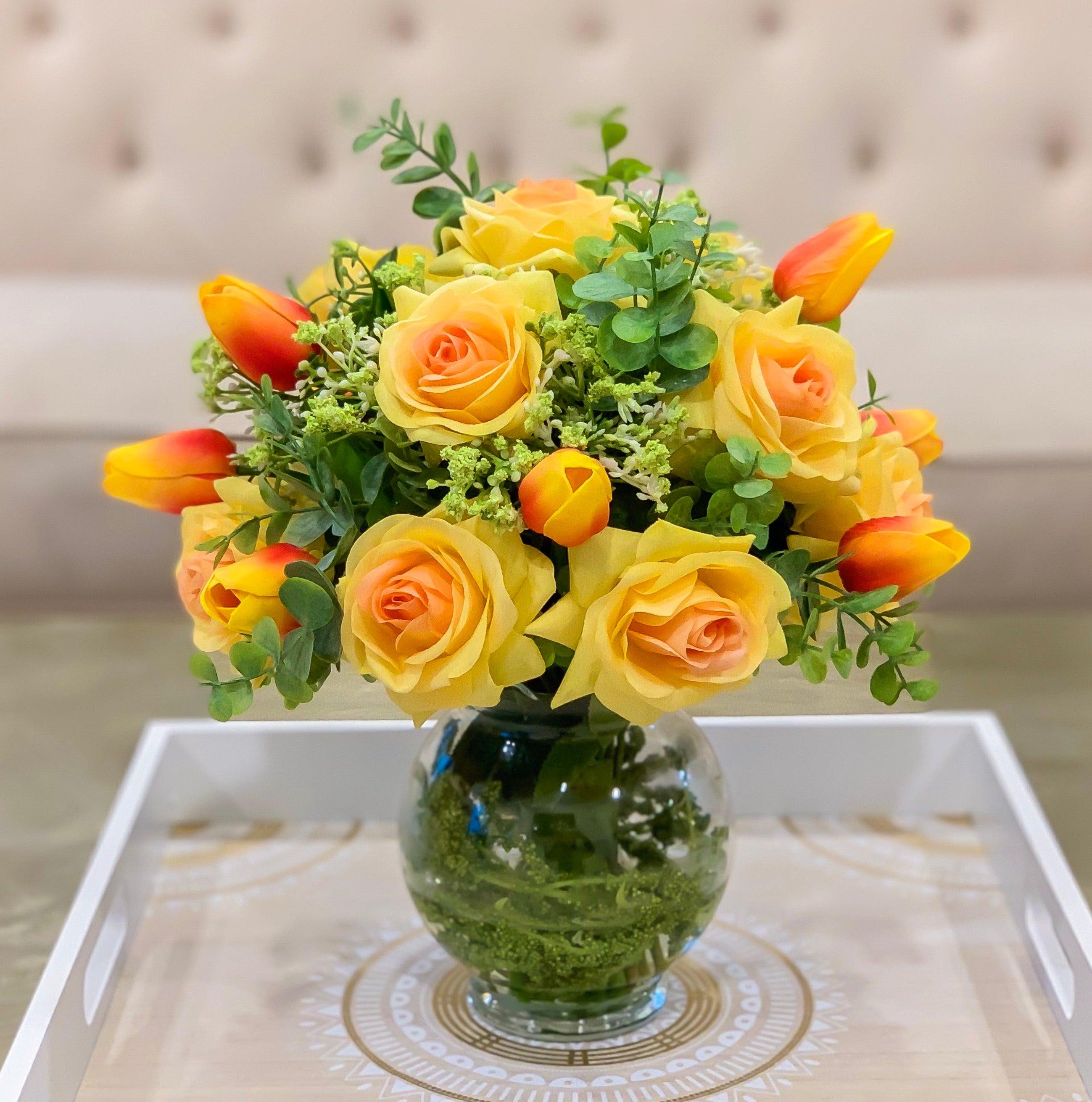 Real Touch Centerpiece-Faux Floral Arrangement- Yellow Centerpiece-Silk Flowers Arrangement-True Touch Rose Arrangements - Flovery Main image