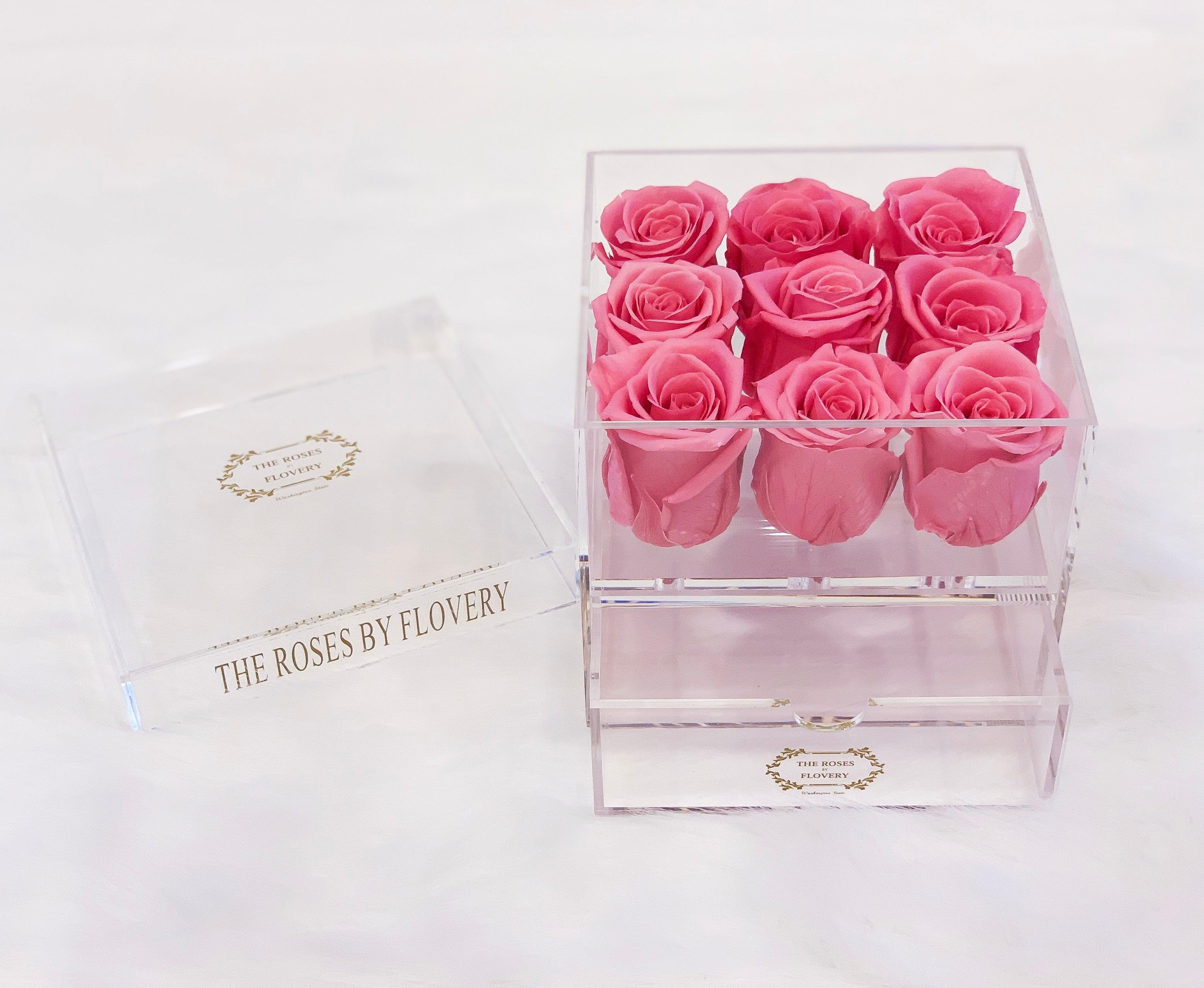 9 PREMIUM ECUADOR PRESERVED SWEET PINK ROSES ARRANGEMENT IN JEWELRY ACRYLIC BOX WITH DRAWER - Flovery Main image