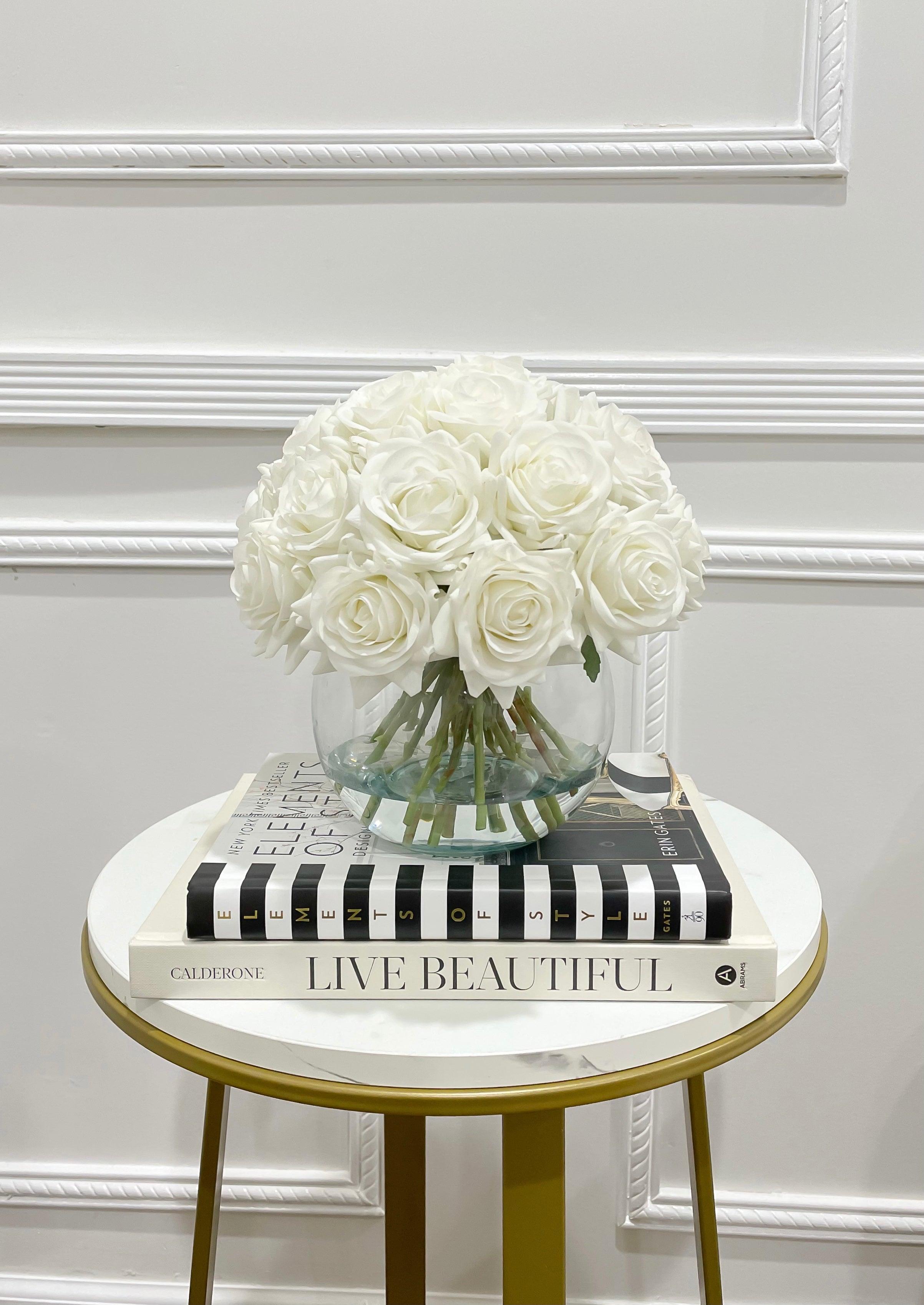 Real Touch White Rose Centerpiece Round Vase - Flovery