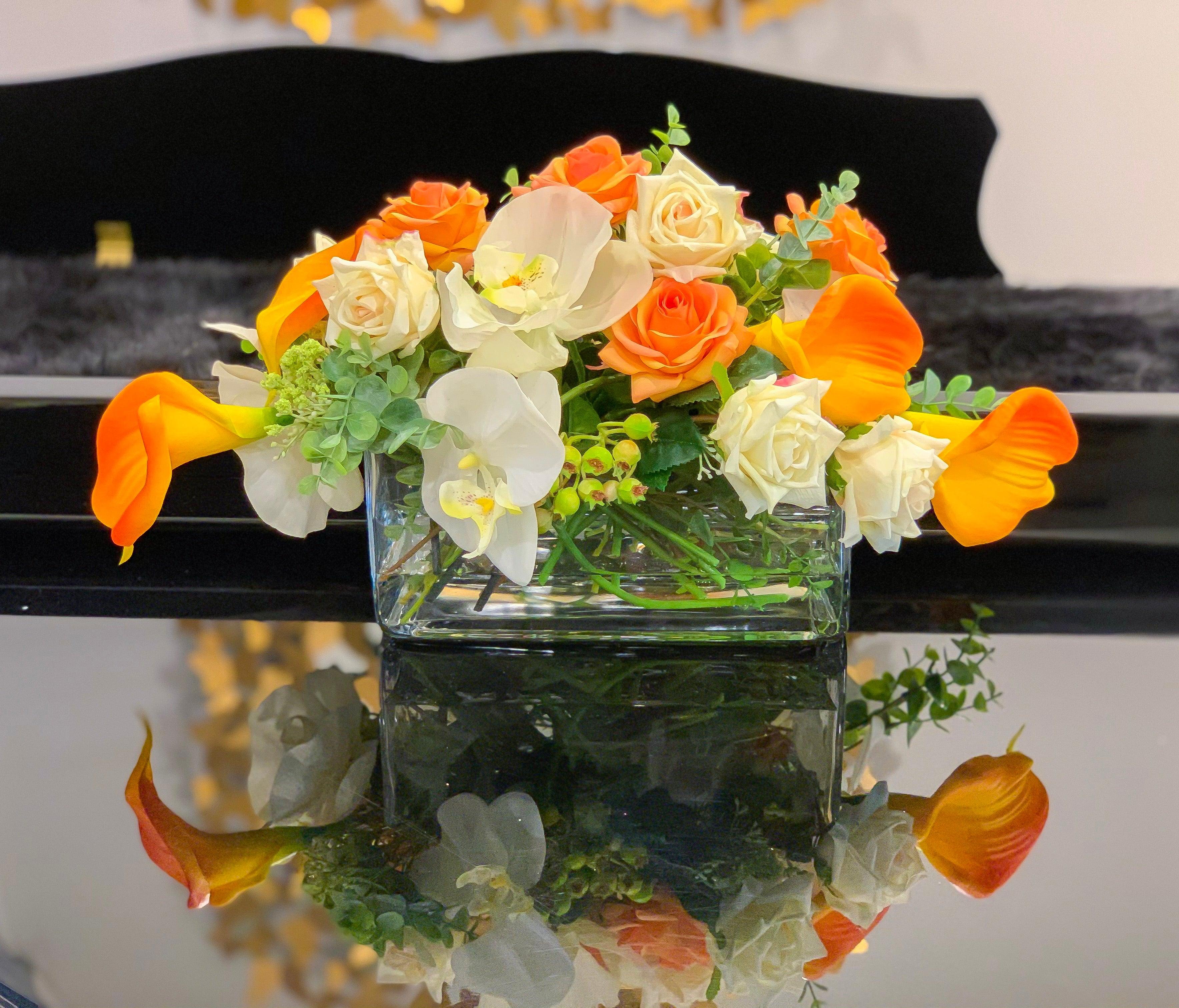flower arrangements with roses and calla lilies Orange Calla Lily White Rose Orchid Arrangement – Flovery.com