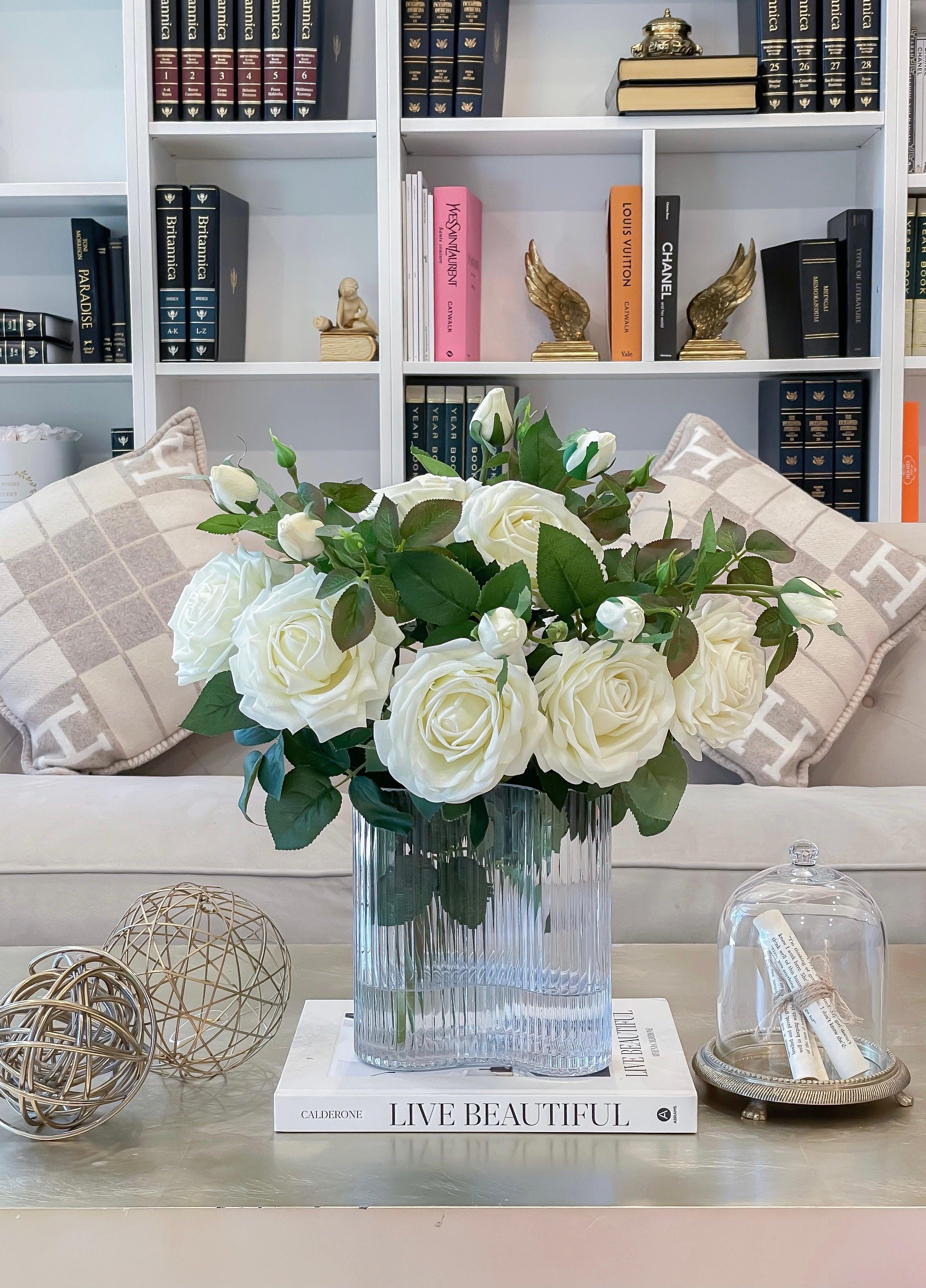 Large White Rose Real Touch- Flower Arrangement in Vase-Artificial Flower Arrangement Home Decor-Large Silk Centerpiece- Floral arrangement - Flovery