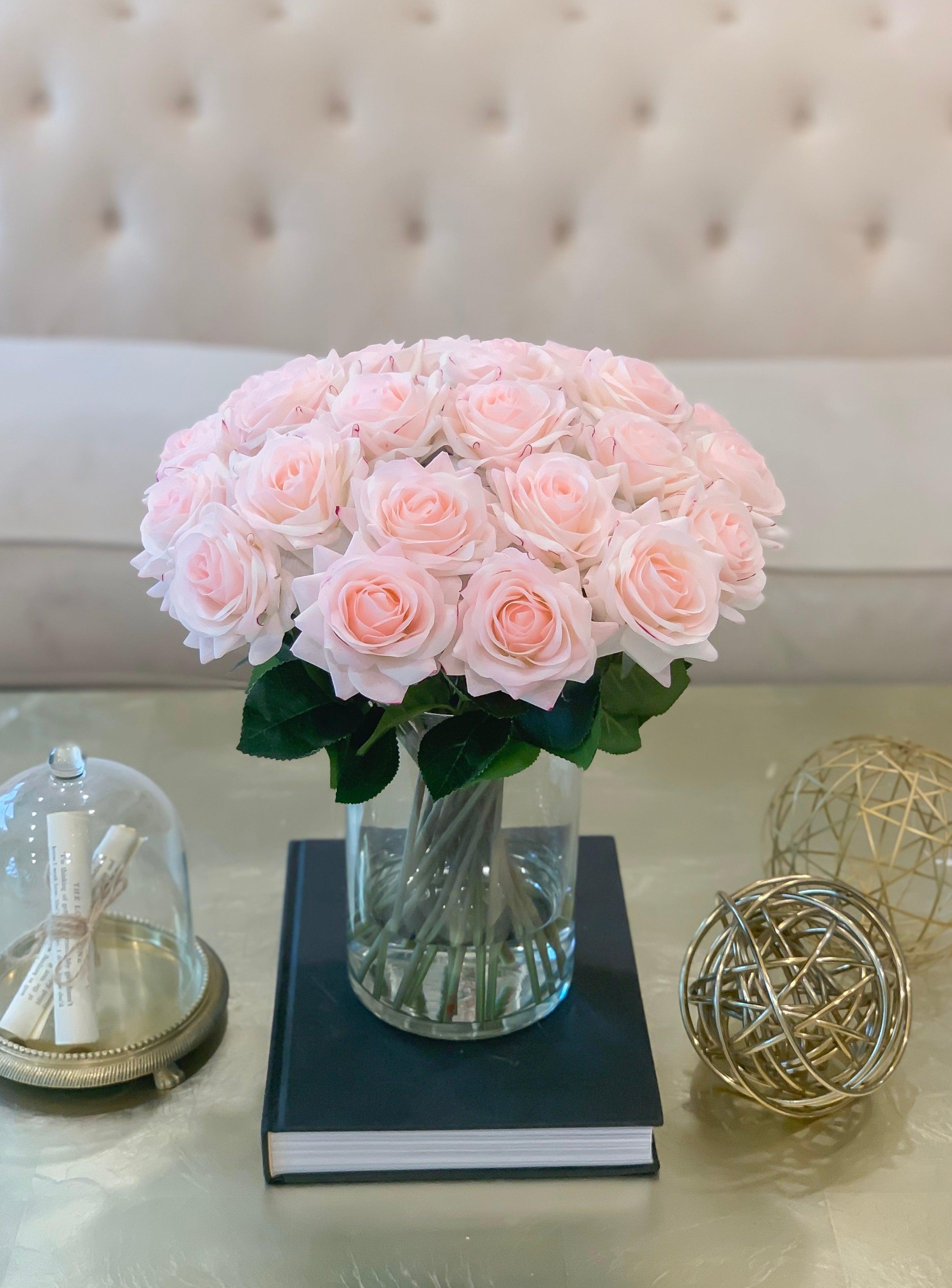 14" Large Size Blush White Rose Real Touch Arrangement-Roses Centerpieces-Floral Arrangement-Faux Rose Centerpiece-Artificial Roses - Flovery