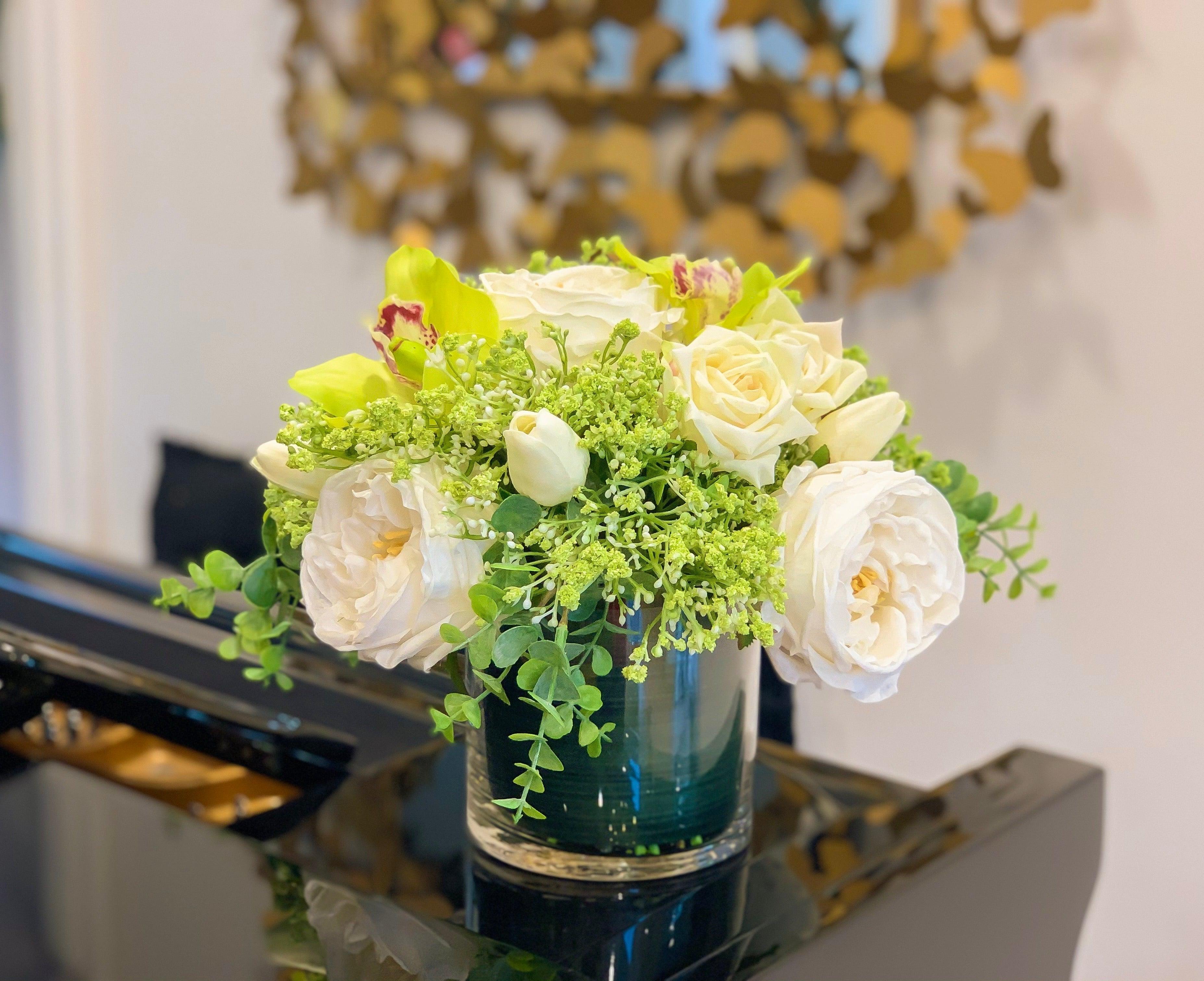 Real Touch White Rose Tulip Green Orchid Arrangement - Faux Flowers Arrangement- Home Decor By Flovery - Flovery