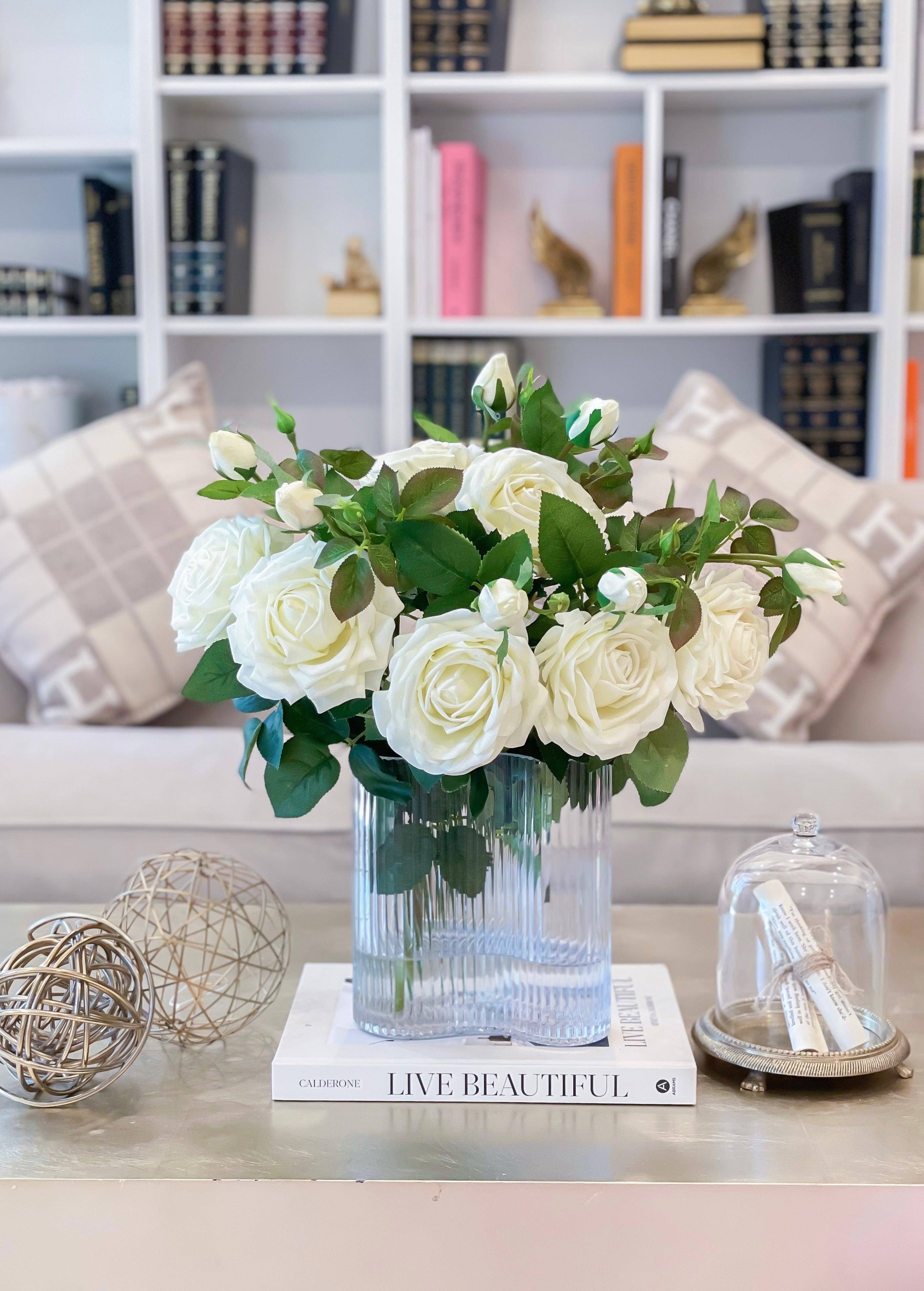 Large White Rose Real Touch Floral Arrangement in Stripe Glass Vase Secondary image