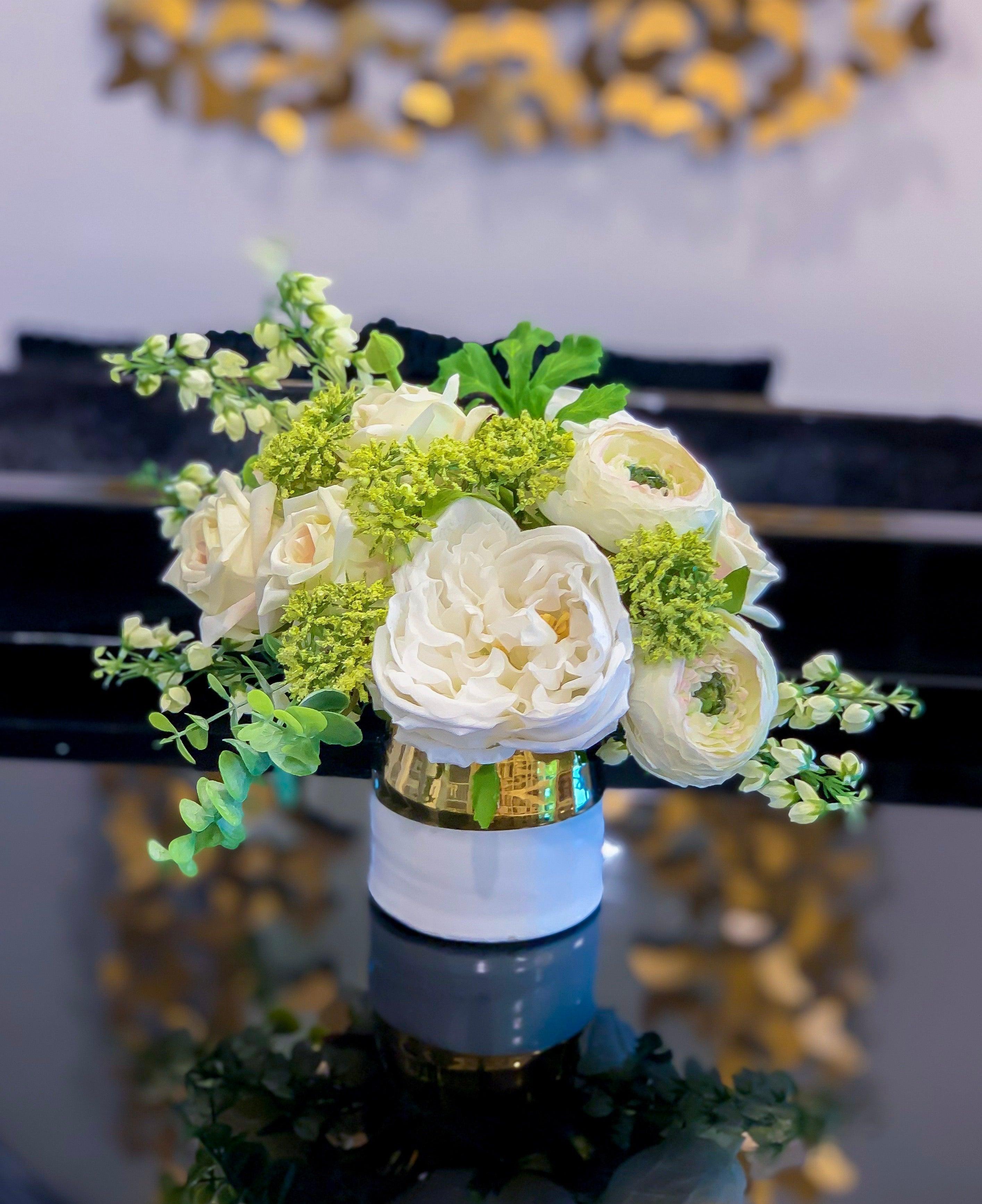 Pure Love Arrangement - Flovery Finest Real Touch Flower In Elegant Glossy Ceramic White Gold Vase - Flovery Main image