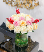 Real Touch Flowers Arrangement- White Cream, Purple Lavender Rose Arrangements- Flovery Everlasting Centerpiece - All Occasion-Home Decor - Flovery