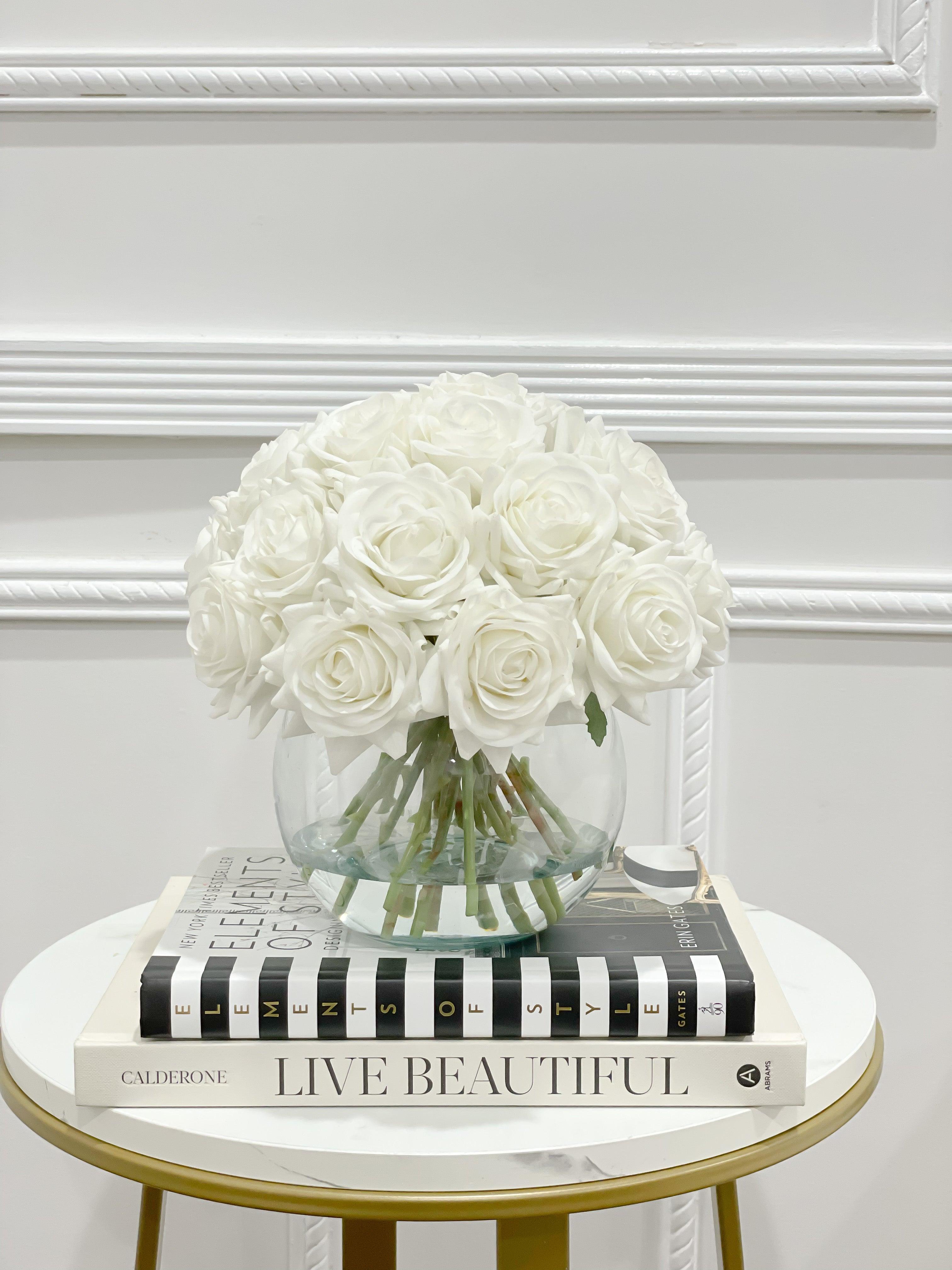 Real Touch White Rose Centerpiece Round Vase - Flovery