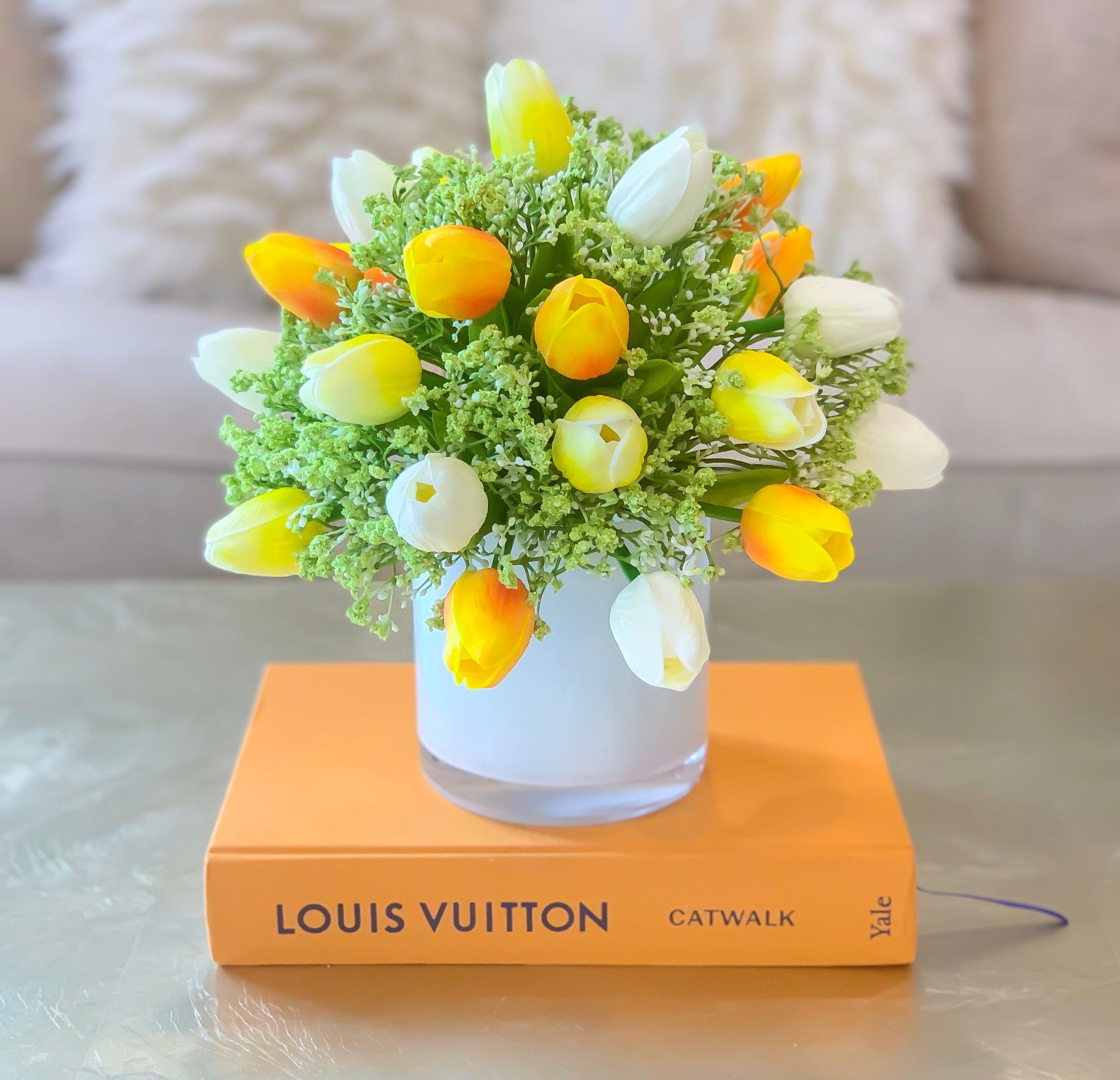 Real Touch Tulip Centerpiece-Real Touch Flower Arrangement-Faux Flower Arrangement-Fake Flowers-Silk Faux Tulip Arrangement In Acrylic Water - Flovery